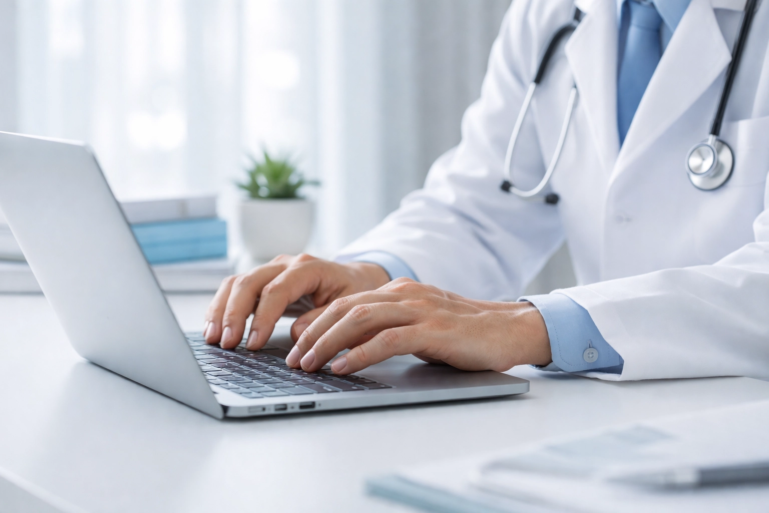 Médecin tapant sur un ordinateur portable entouré de livres médicaux, représentant la gestion centralisée de ses ressources et articles.