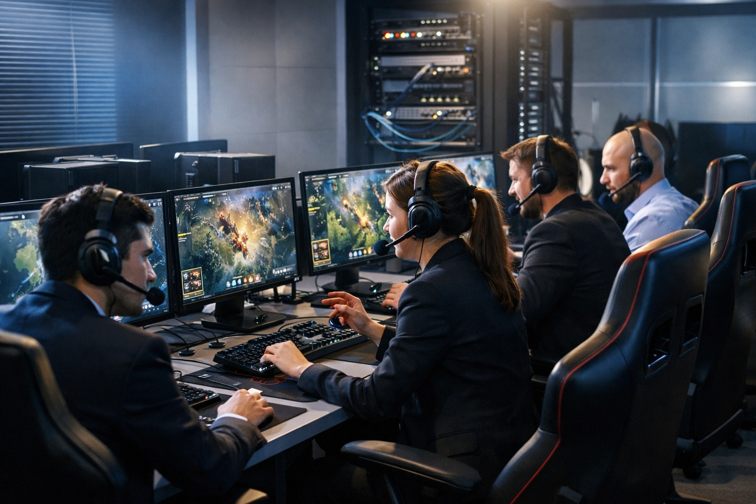 Corporate esports training center with professional gaming stations for workforce development