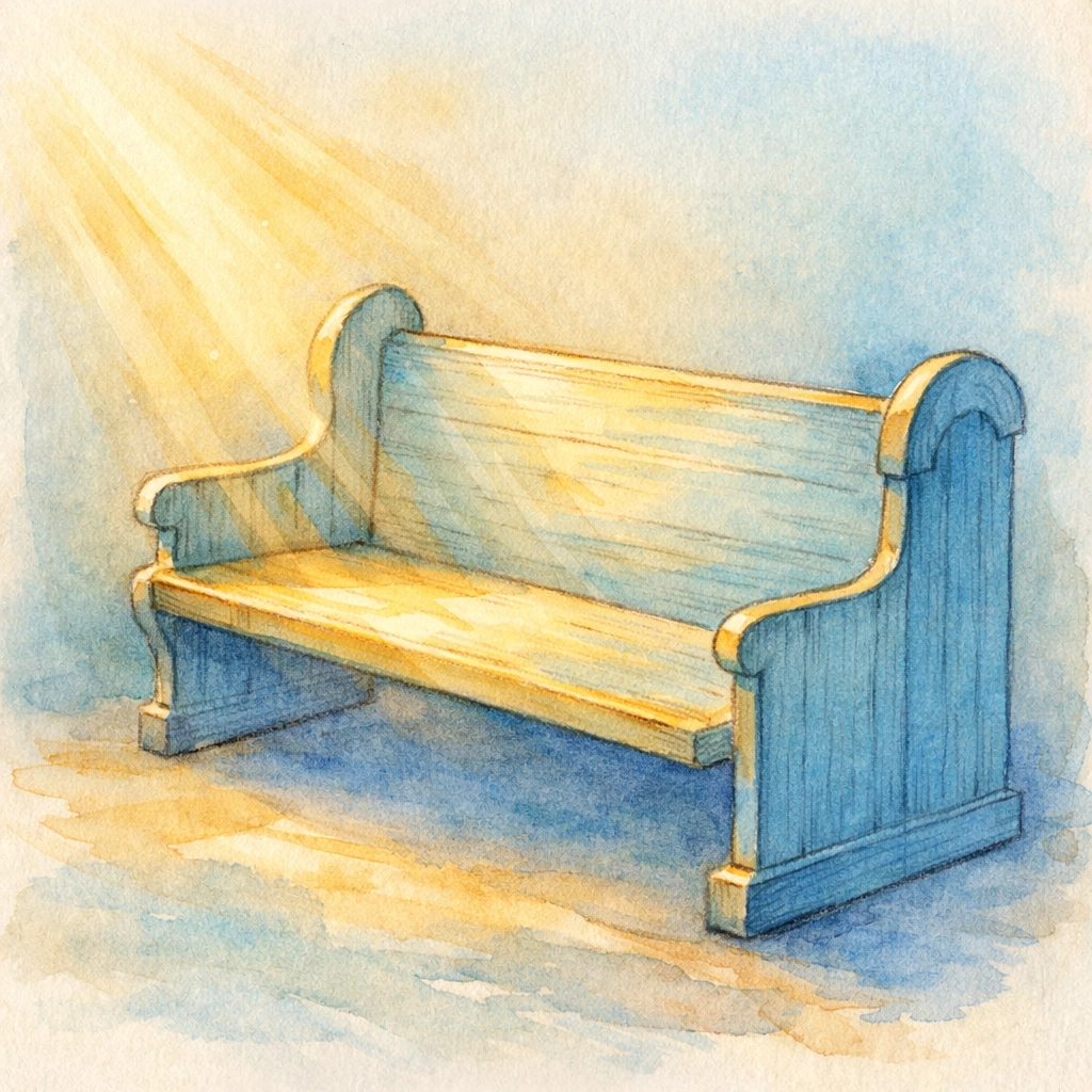 Empty church pew with sunlight streaming in, representing solitude and seeking safety in worship