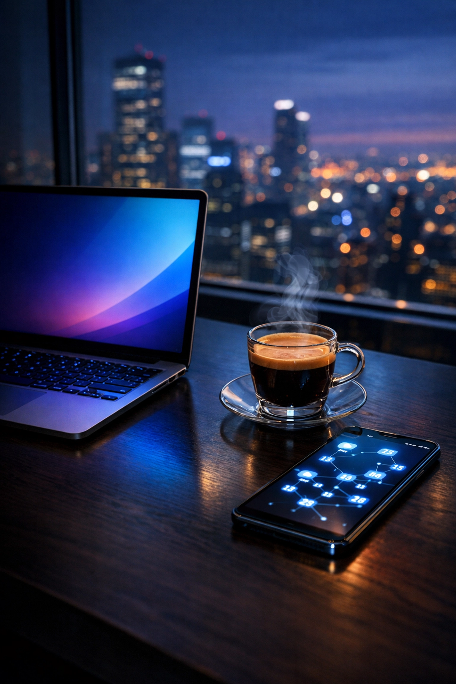 Modern workspace with a laptop and smartphone displaying AI scheduling tools for efficient business productivity.