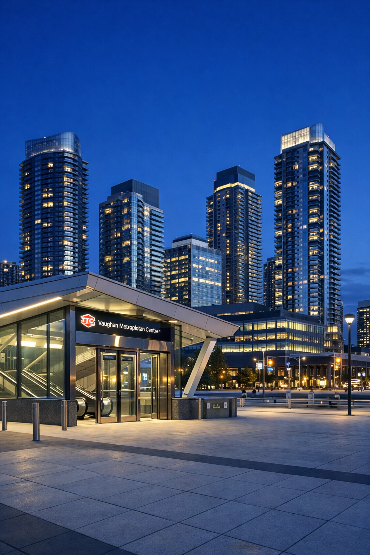 Modern high-rise condominiums and transit hub in the Vaughan real estate market at VMC.