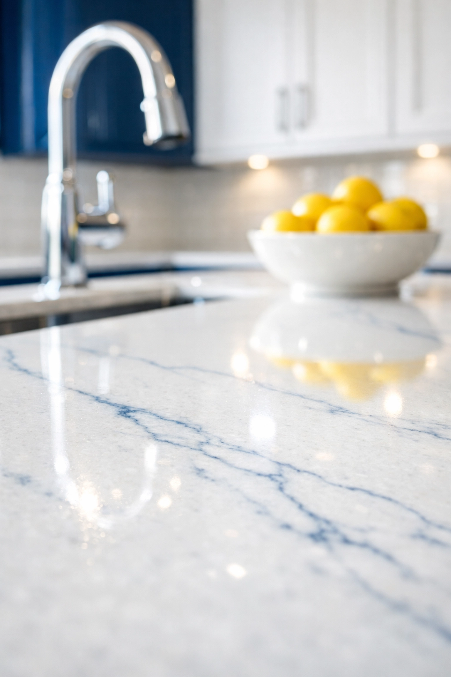 Spotless white quartz countertops and cabinetry showing the results of post construction cleaning in Boxborough.