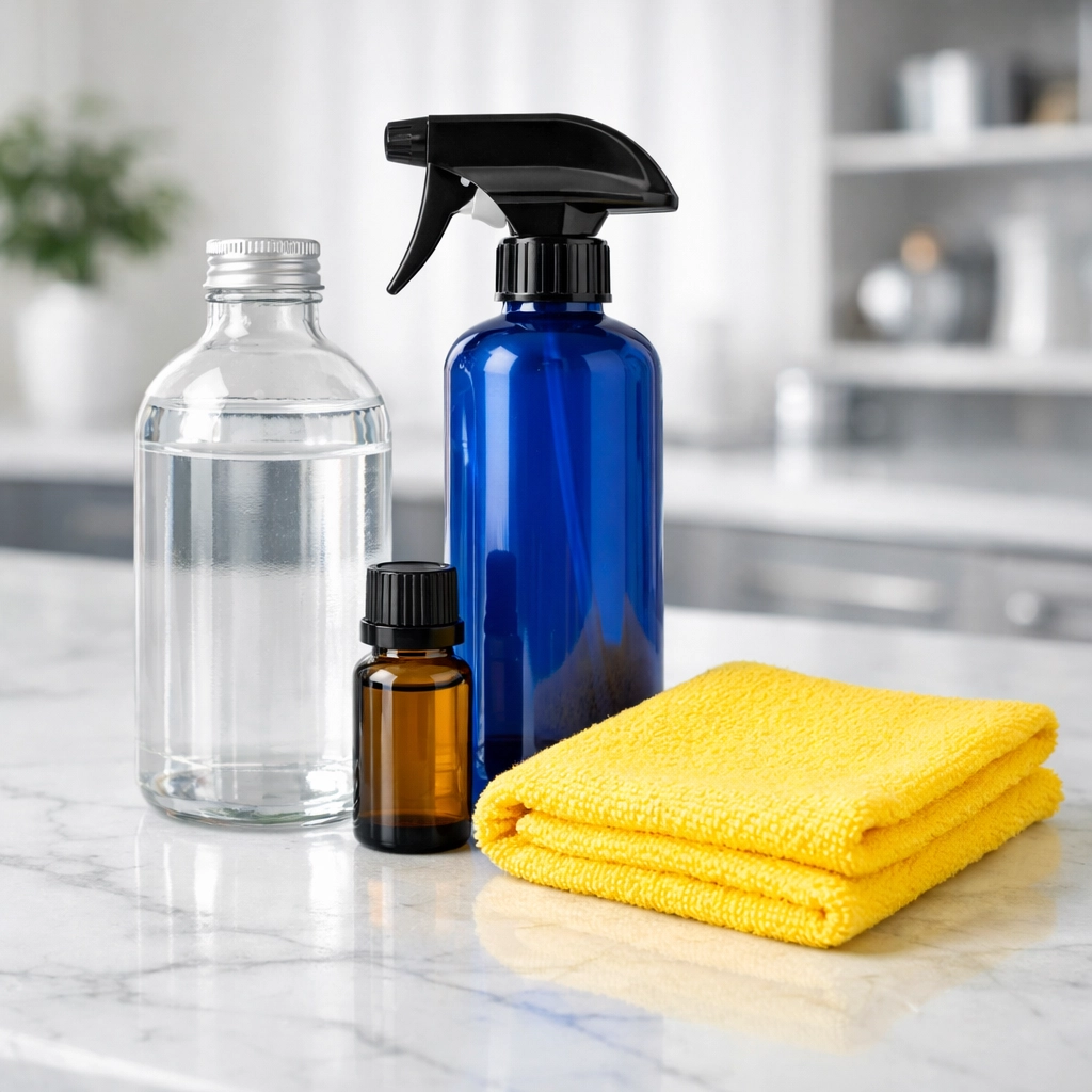 DIY upholstery cleaning kit with a spray bottle, vodka, and essential oils on a white marble counter.