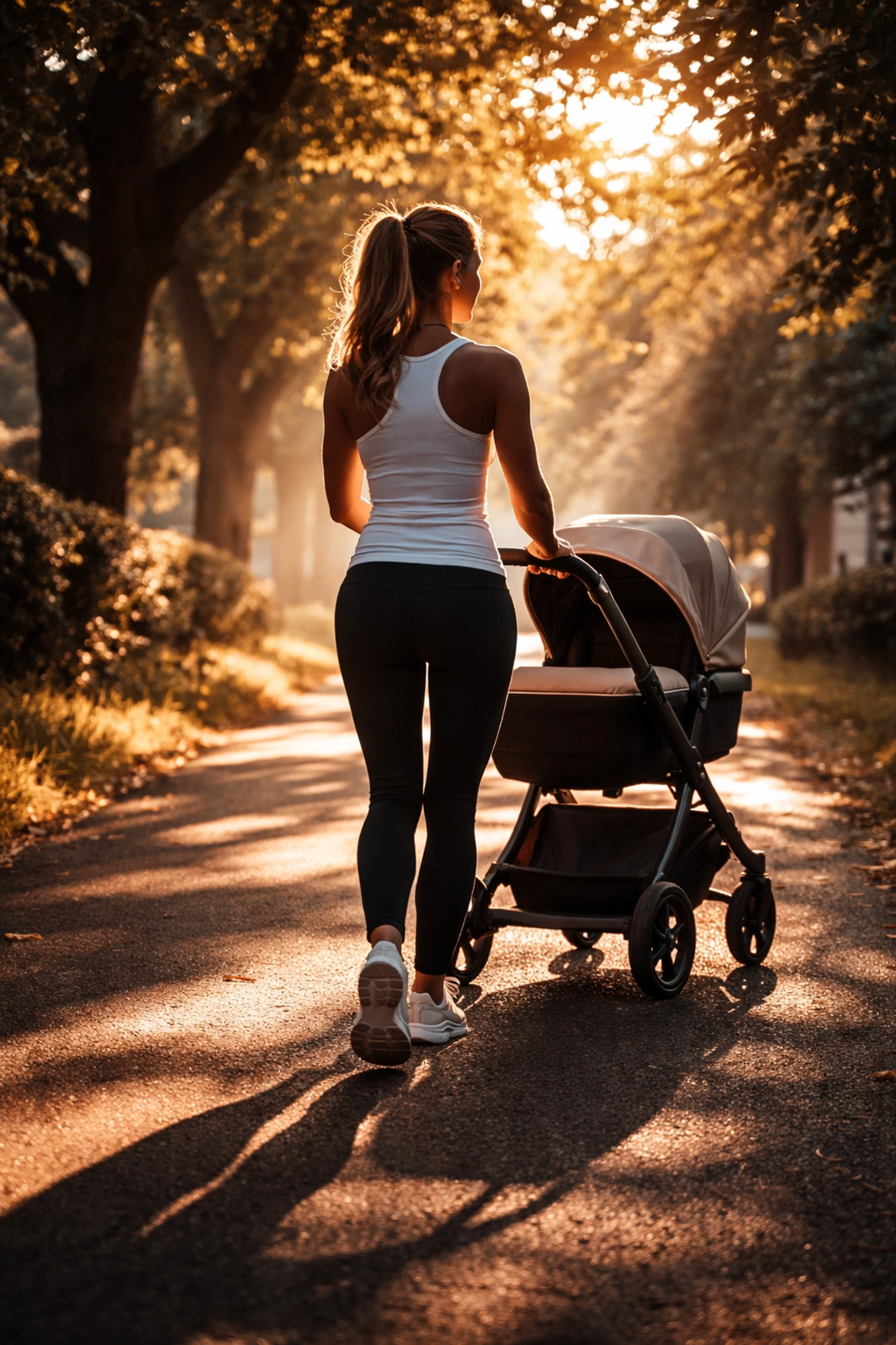 Mother walking outdoors with stroller, illustrating postpartum glute activation and pelvic balance restoration