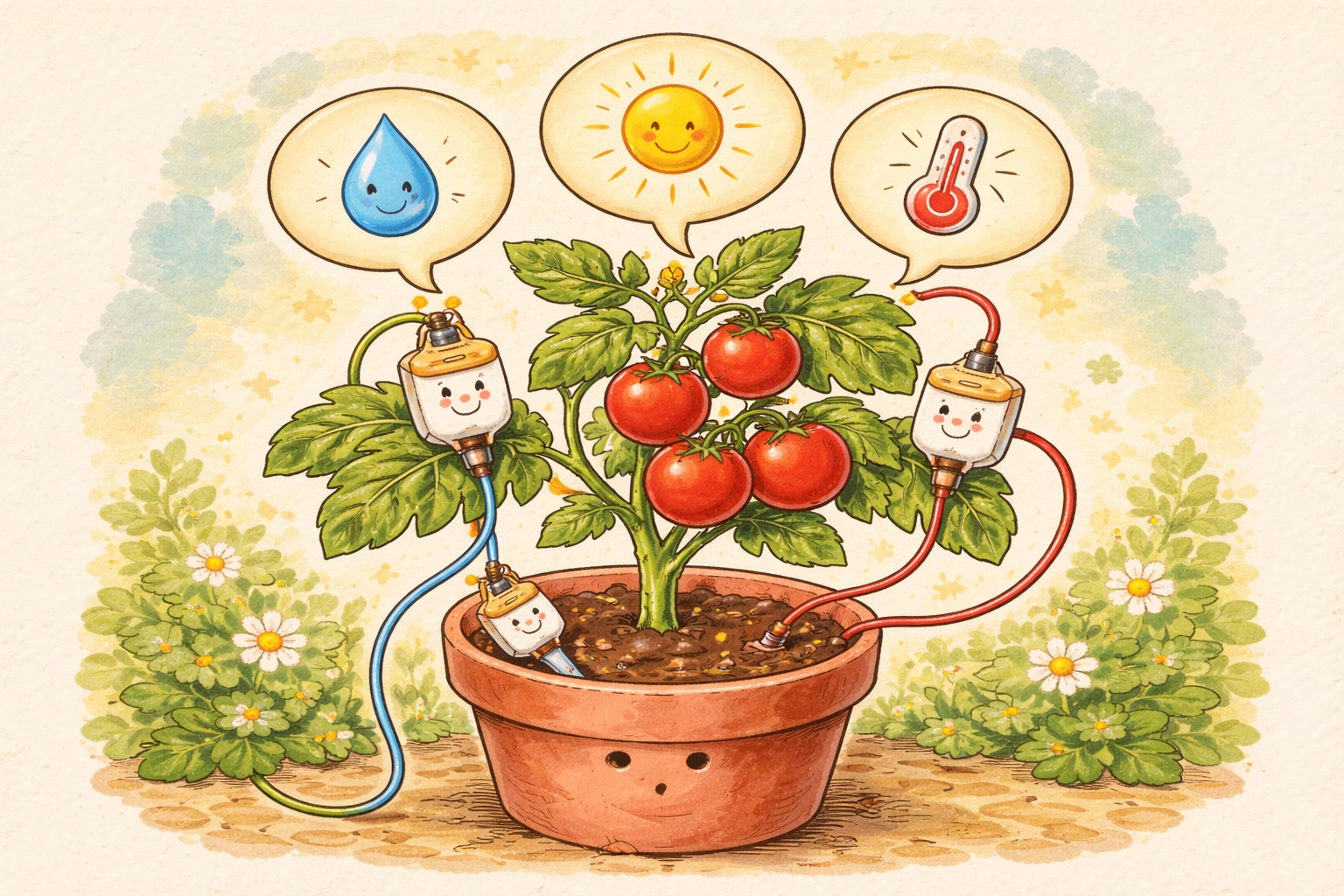 Illustration of a potted tomato plant with friendly sensors and colorful wires showing water, light, and temperature levels