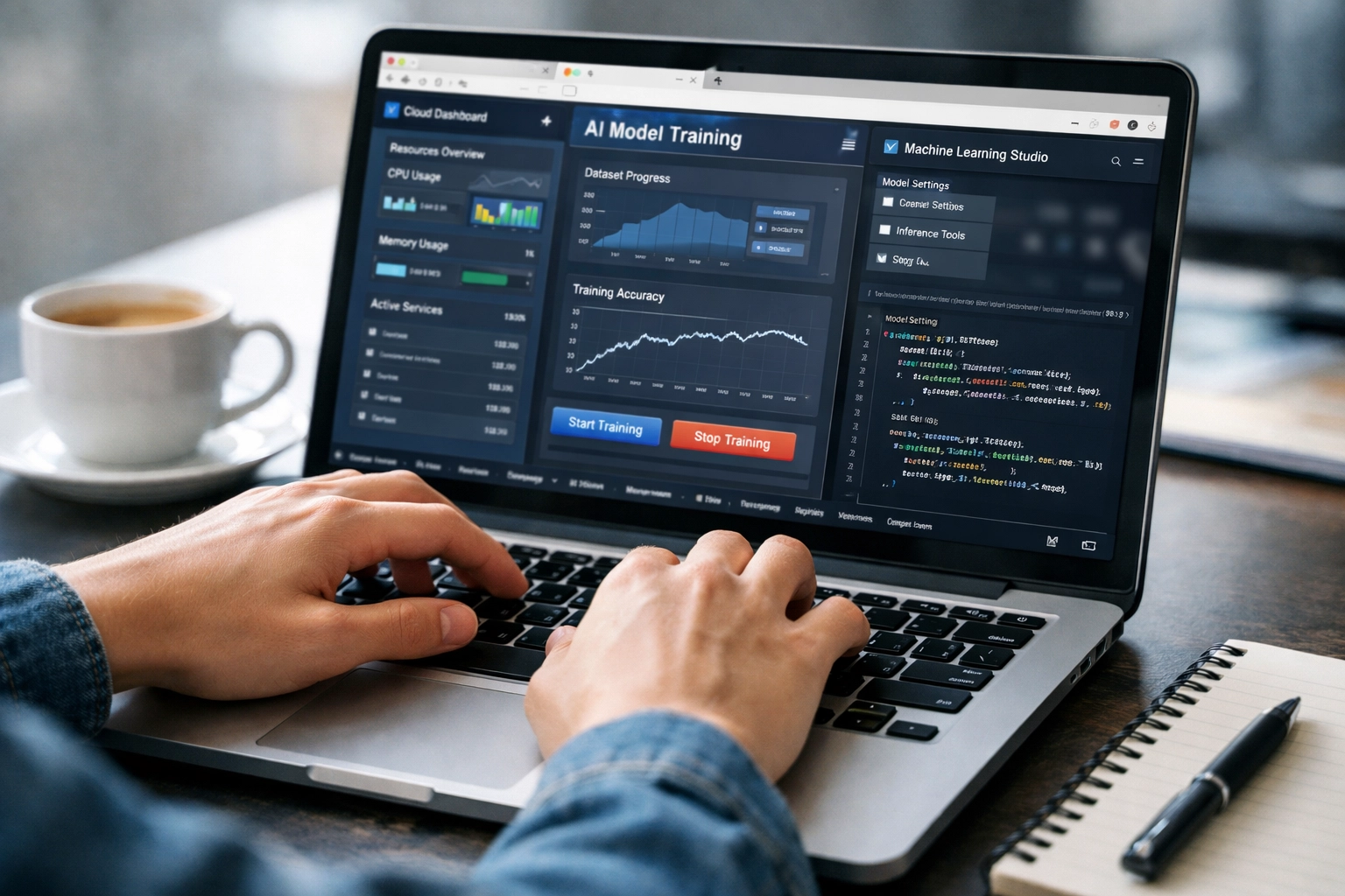 Student learning cloud computing and AI development on laptop for early career training