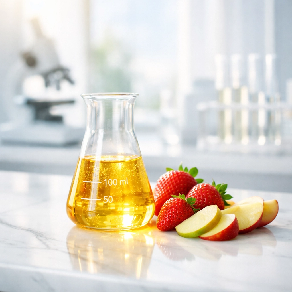 Scientific beaker with natural senolytic sources like strawberries and apples in a modern longevity clinic.