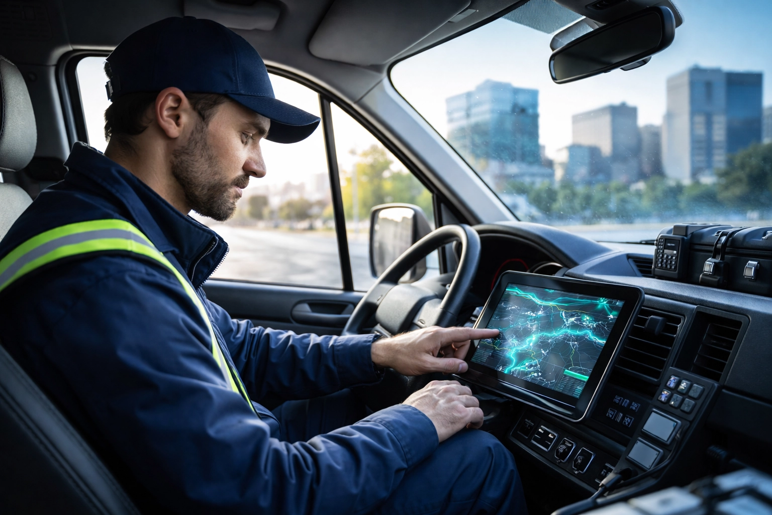 Field service technician using GPS and digital communication in a company vehicle, highlighting IT support efficiency