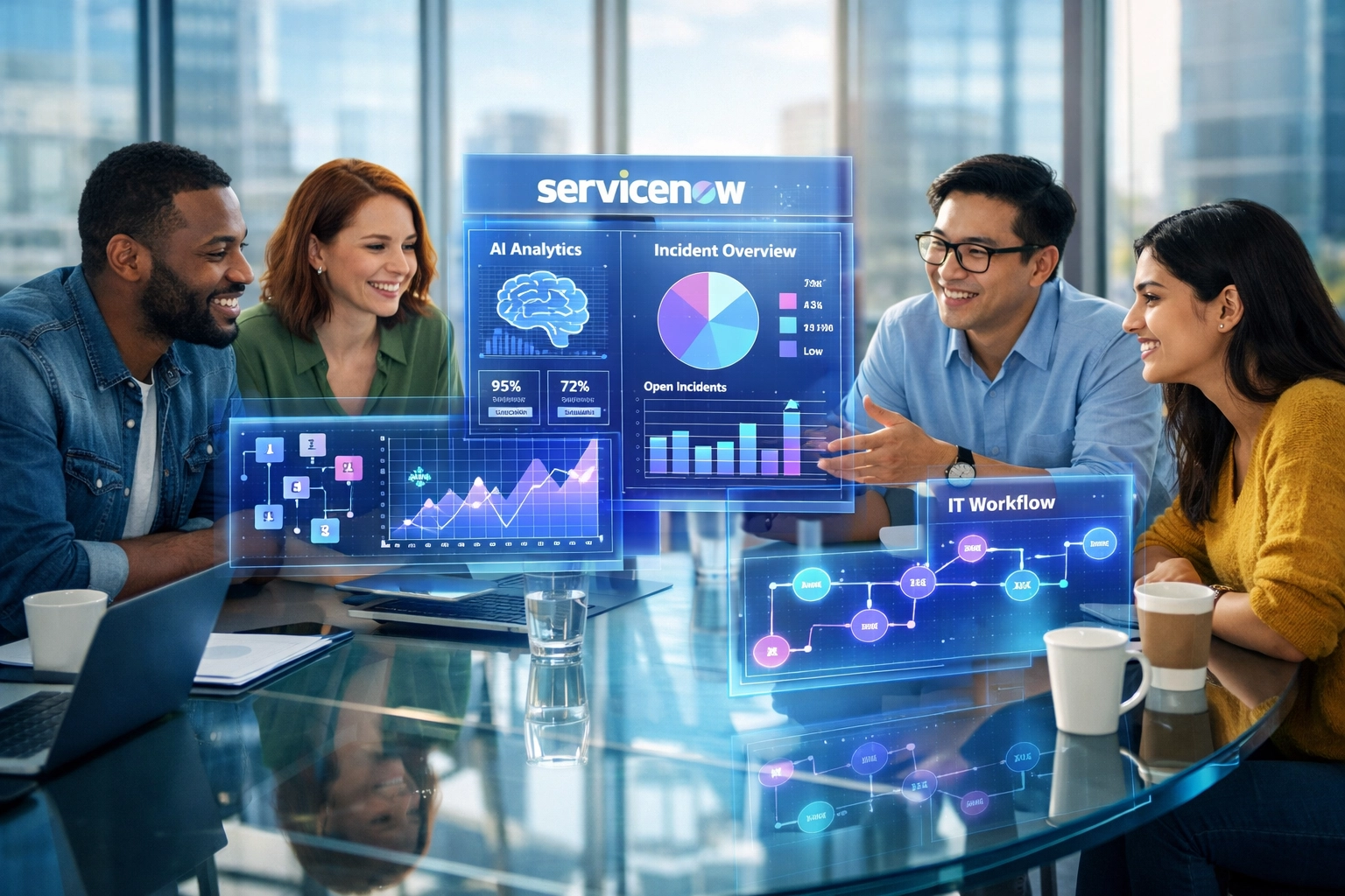 ServiceNow implementation team reviewing Now Assist dashboards and analytics in collaborative session