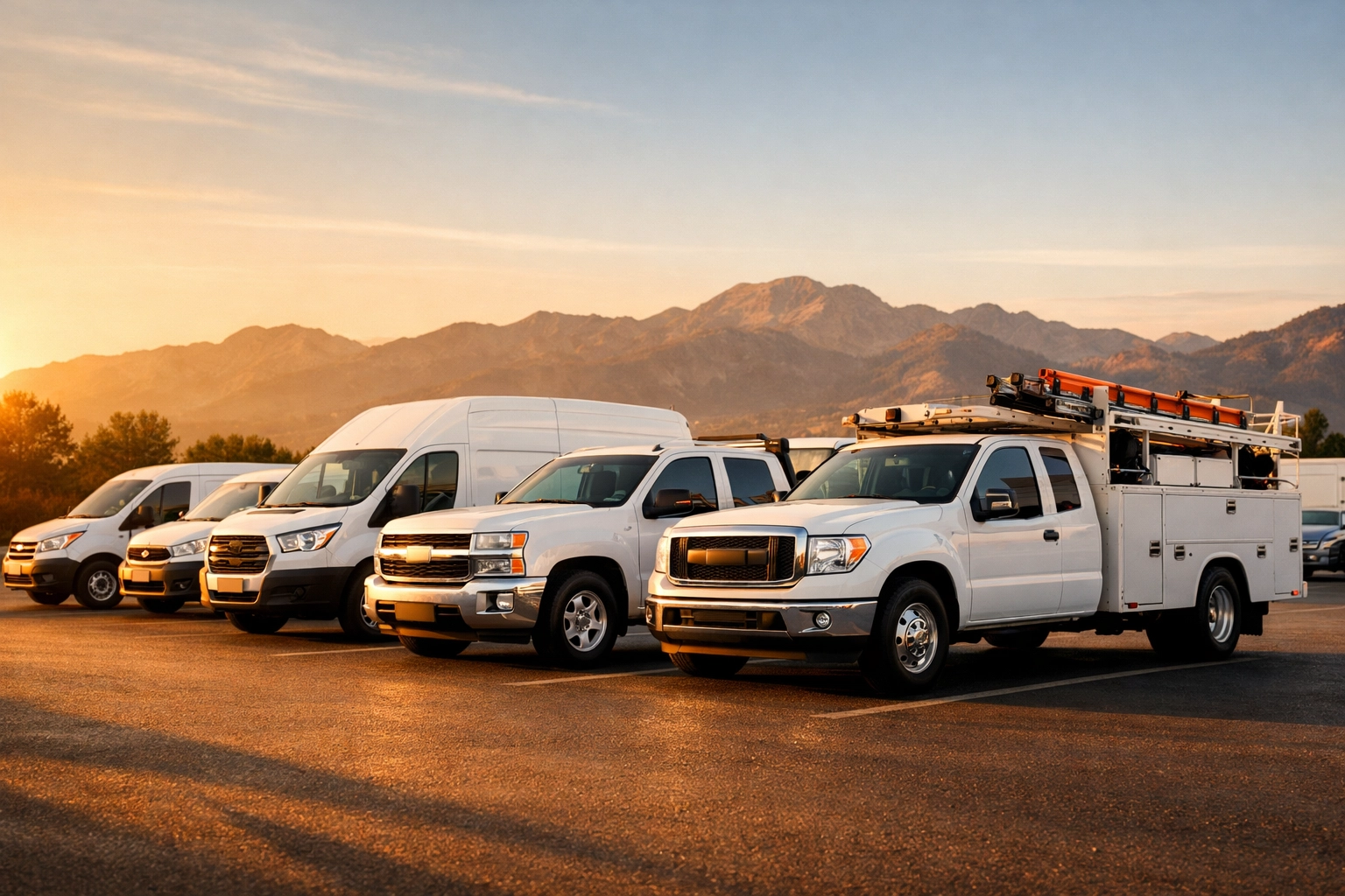 Commercial fleet vehicles including vans and trucks parked in organized row for business operations
