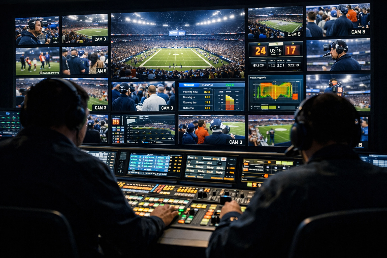 Professional media production team managing a live sports broadcast control room with real-time data analytics.