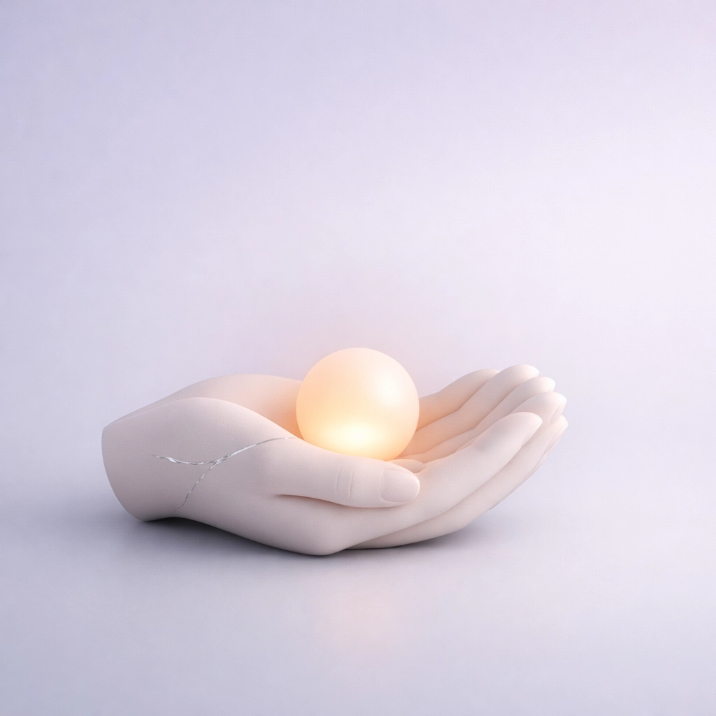 Stylized hands holding a glowing light, symbolizing leadership resilience and vulnerability during grief.