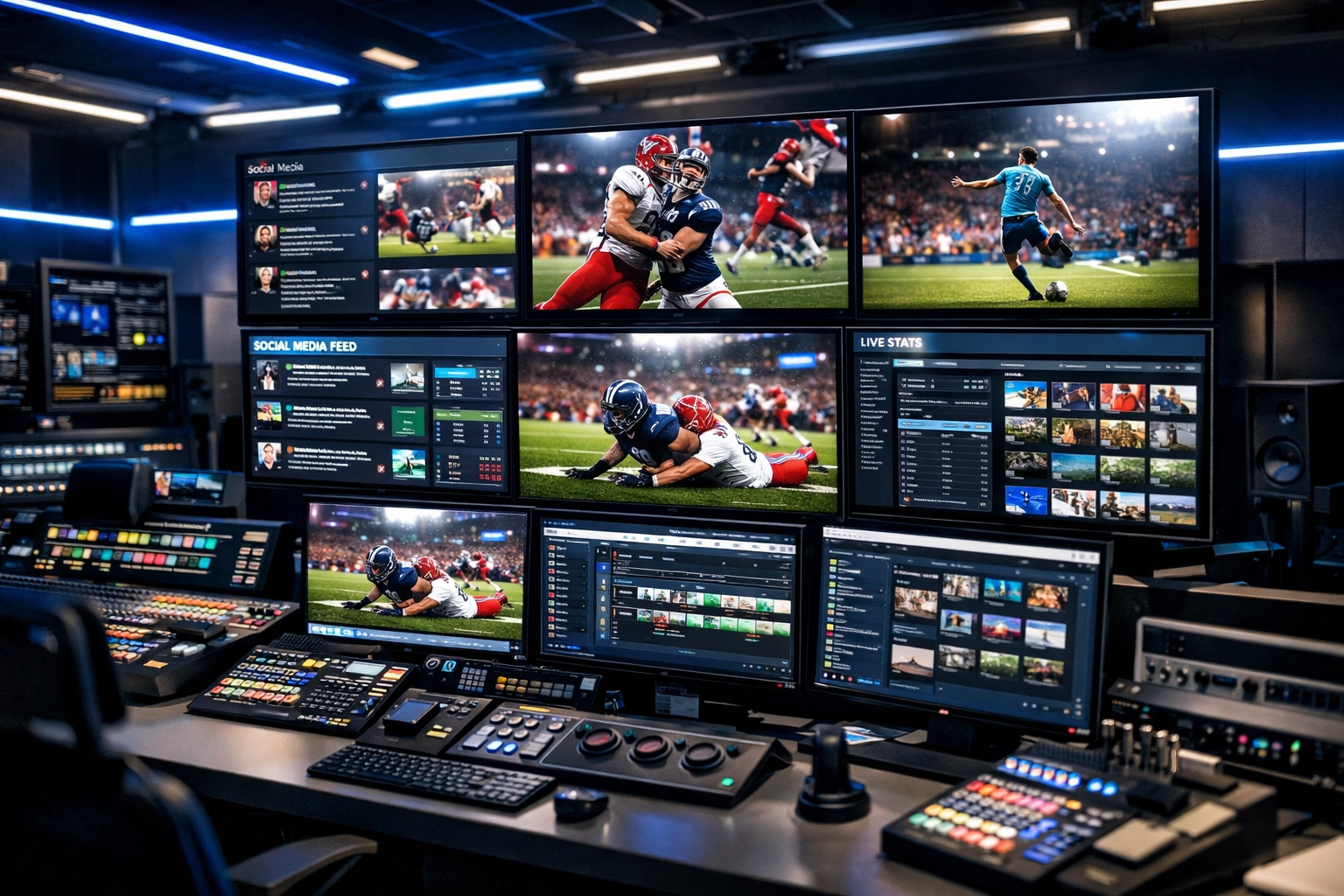 Sports media control room with multiple monitors displaying live game footage and content management systems