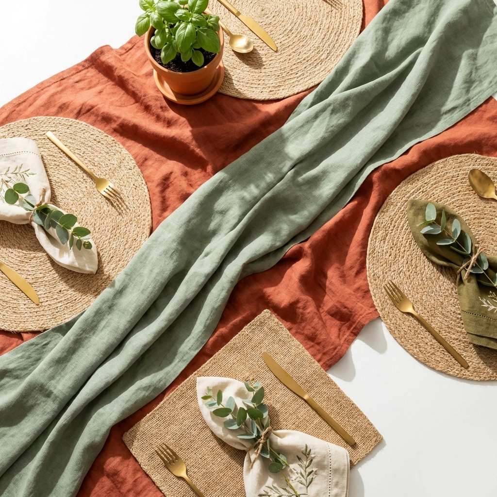 Creative linen layering on a tablescape with terracotta, sage green, jute placemats, embroidered napkins, and gold flatware