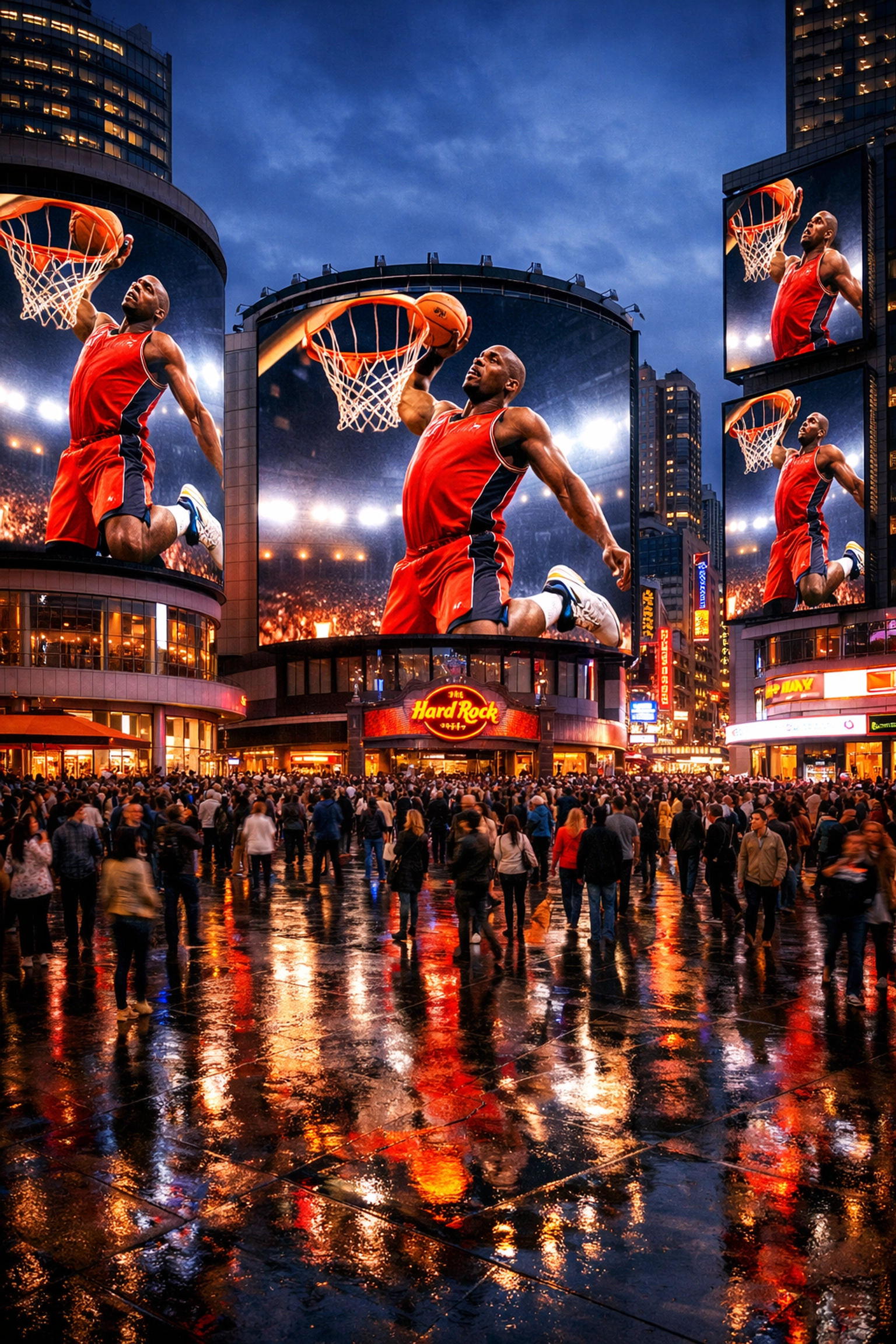 Crowded city plaza with large digital billboards showing basketball highlights for fan engagement.