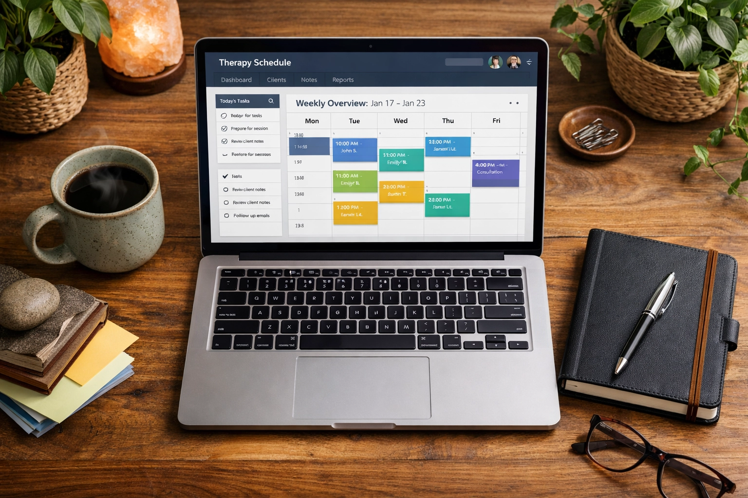 Counselor's desk with a laptop showing a custom web scheduling dashboard for business growth and scalability.