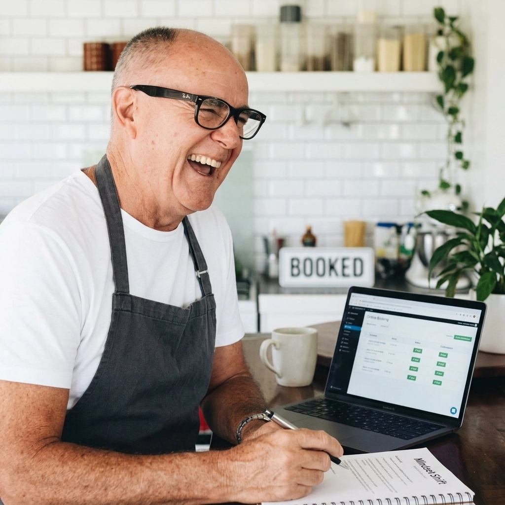 A person in an apron looking at a laptop in their kitchen, smiling at their success.