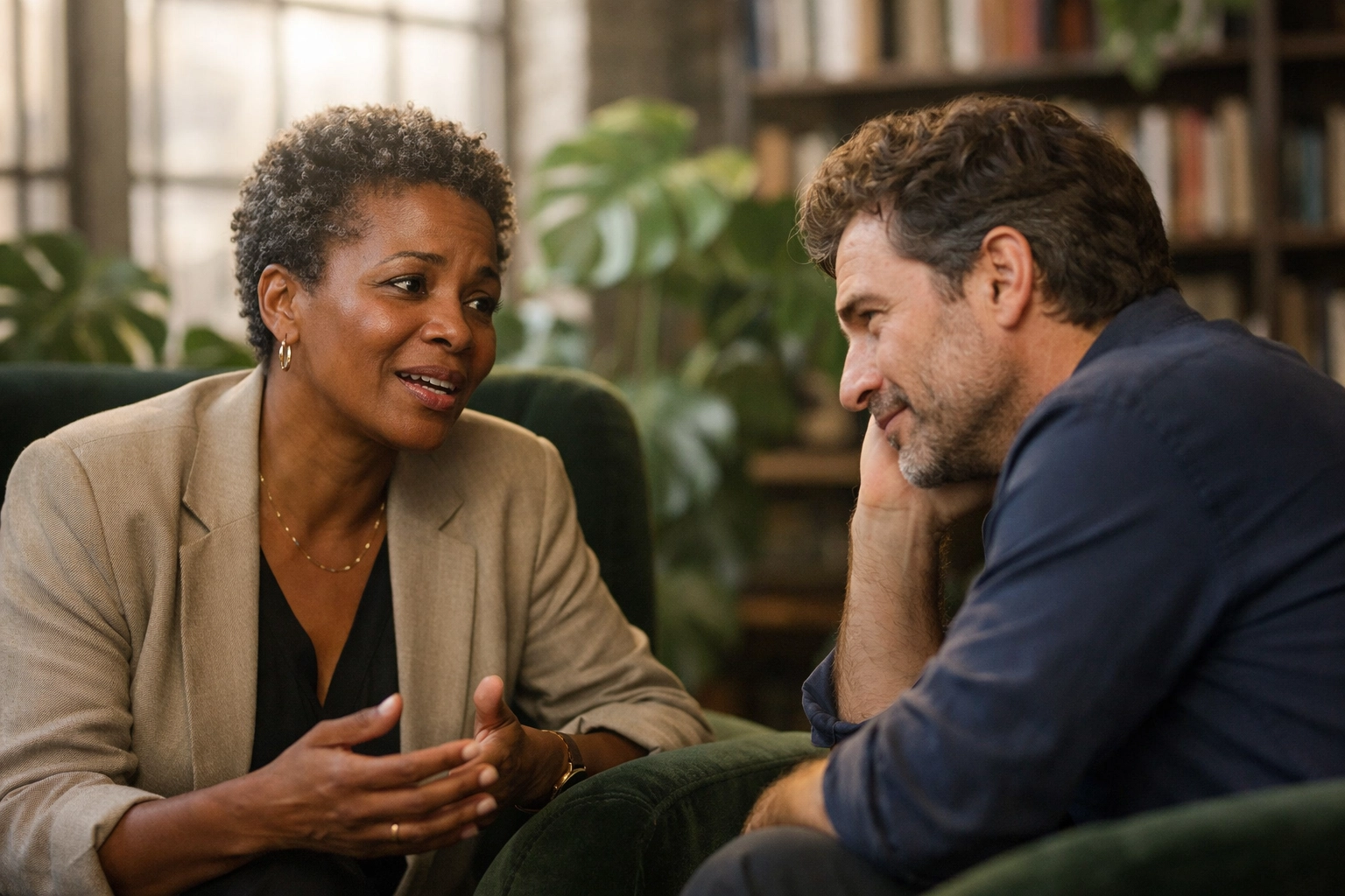 Professionals in a quiet office discussion, illustrating how HR consultants hold space for vulnerable leadership talk.