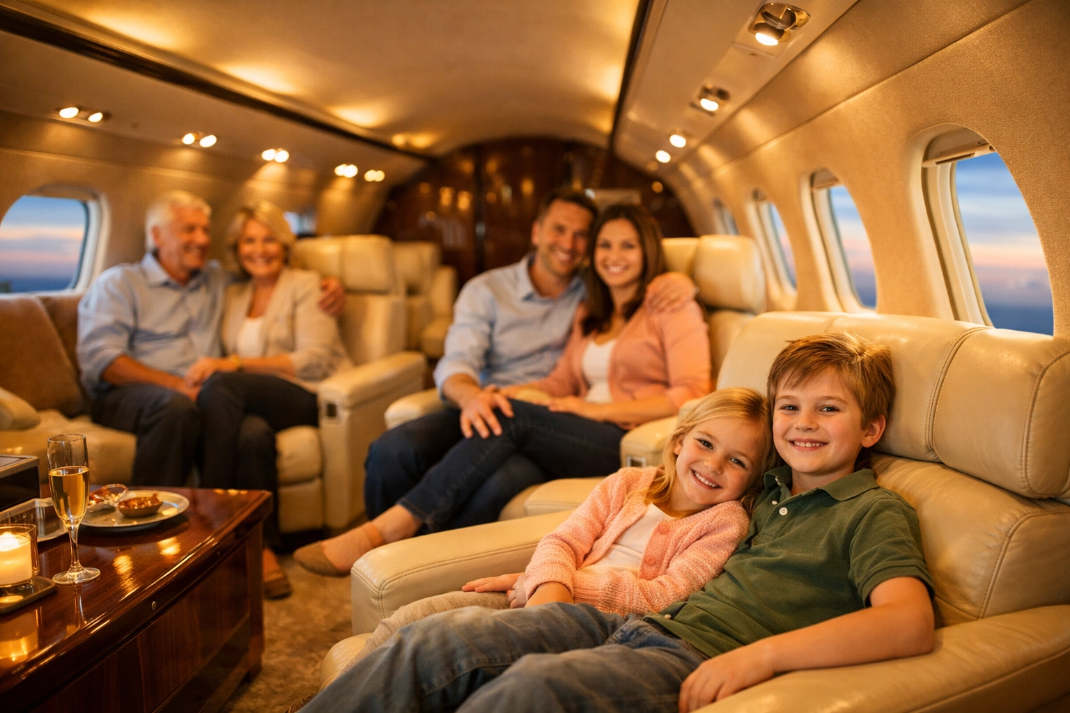 Multi-generational family relaxing together in spacious luxury private jet cabin
