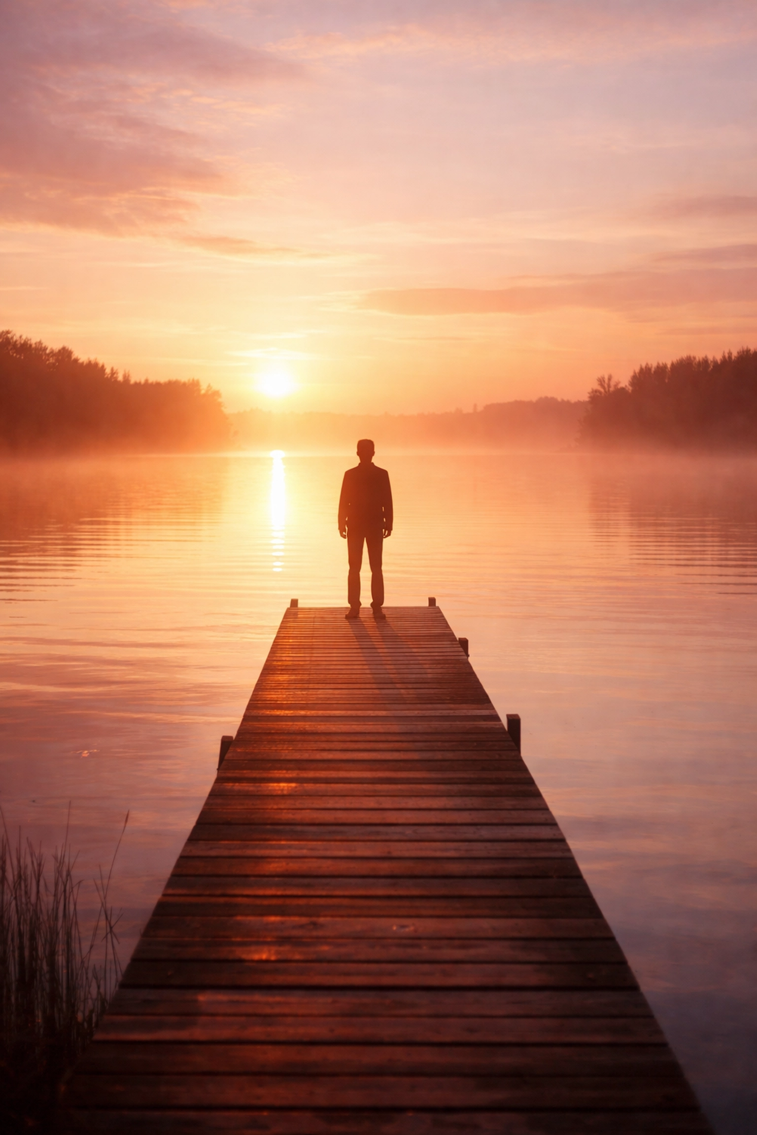 Sziluett a stégen napfelkeltében, türelem és újrakezdés szimbóluma korai magömlés esetén.