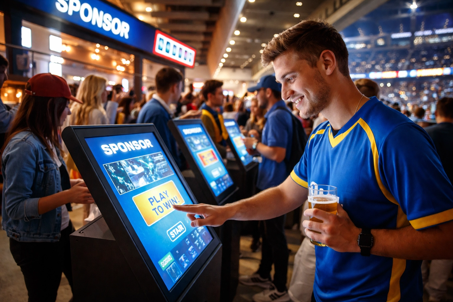 Fans interact with digital sponsorship activation displays at a sports stadium, engaging with brand technology