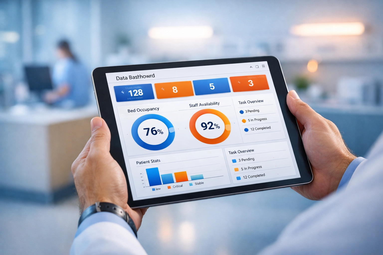 Healthcare administrator tracking HIPAA incident reports on a digital dashboard tablet in a clinical setting.