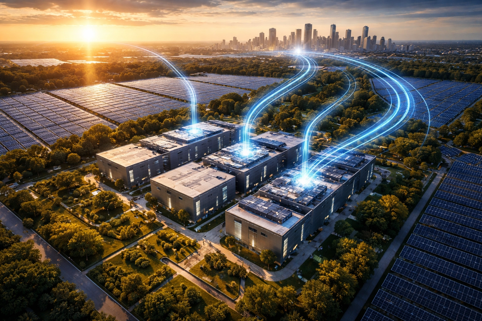 Futuristic data center with solar panels and city skyline, emphasizing real estate investment trends