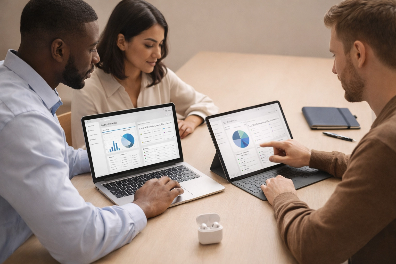 Organized workspace showing integrated payroll software on laptop and mobile devices