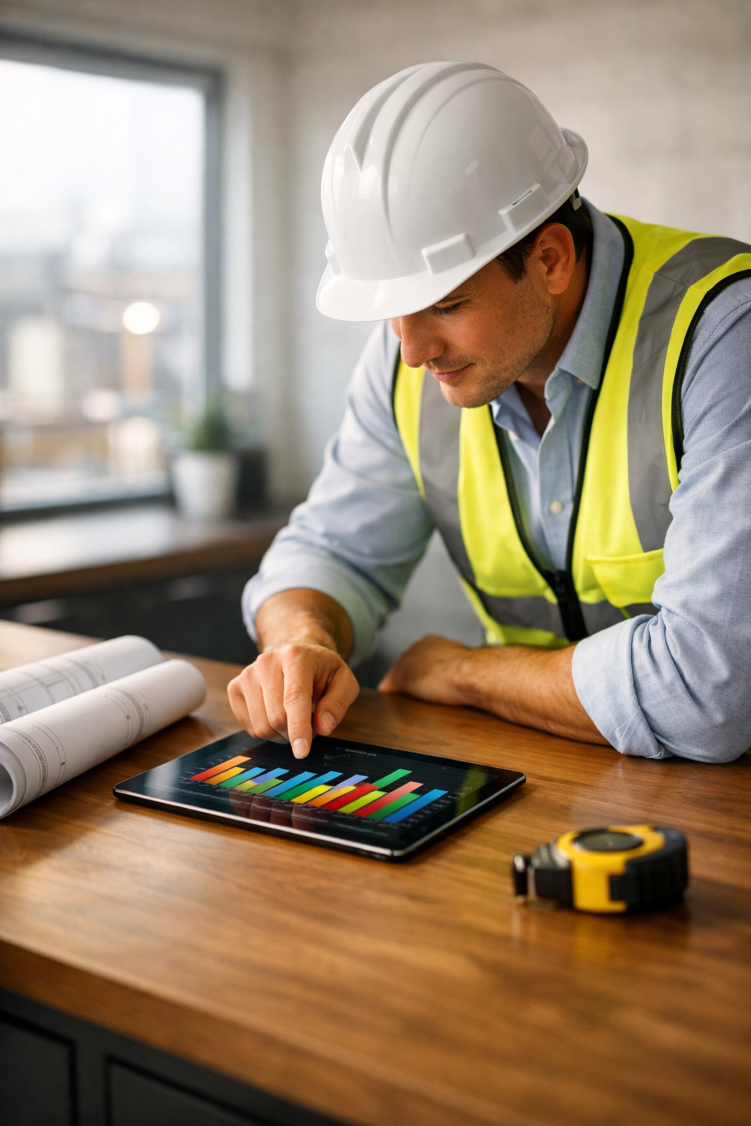Professional contractor reviewing job costing bookkeeping reports on a tablet in a construction site office.