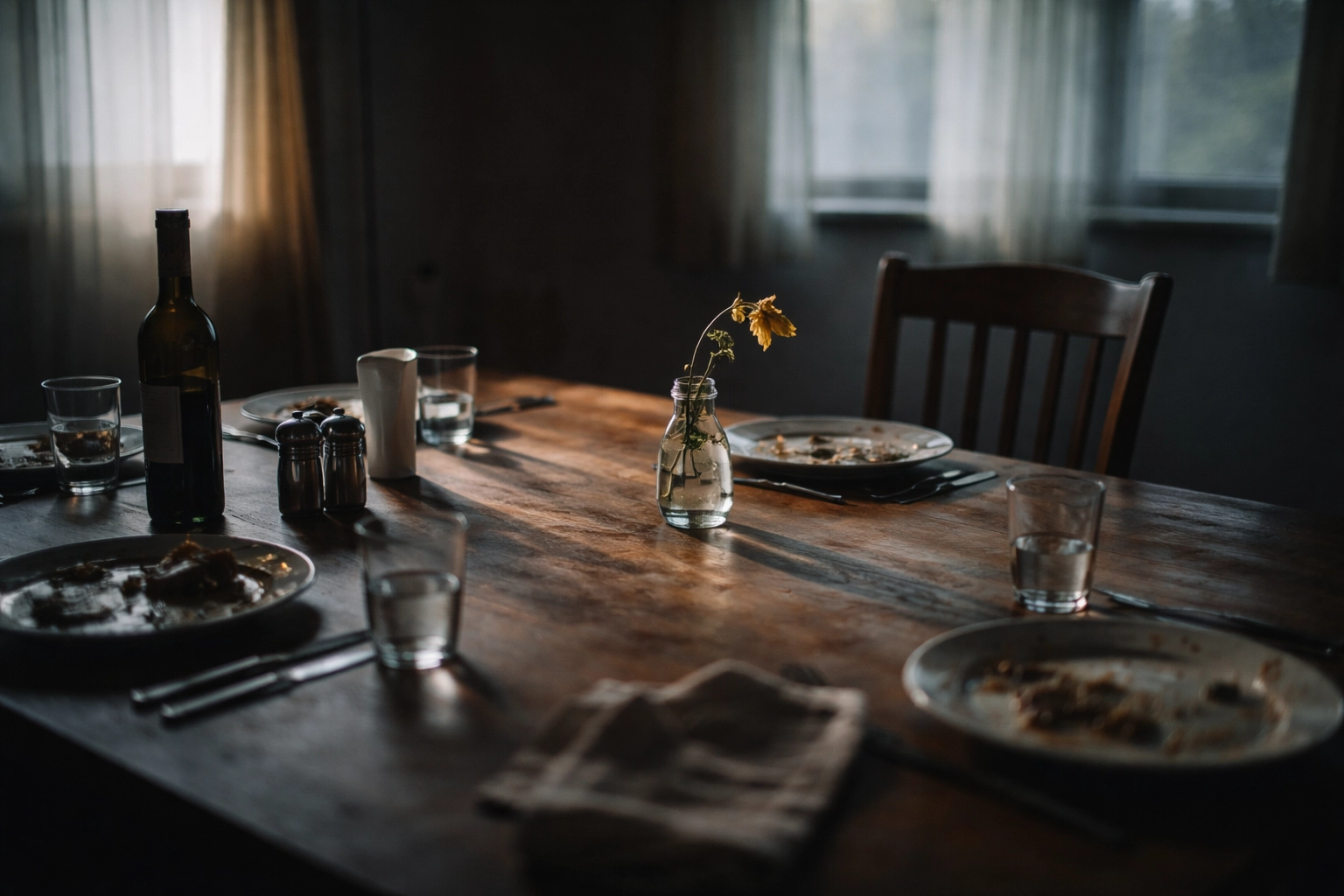 Empty family dinner table with a wilted flower, symbolizing the emotional distance after addiction