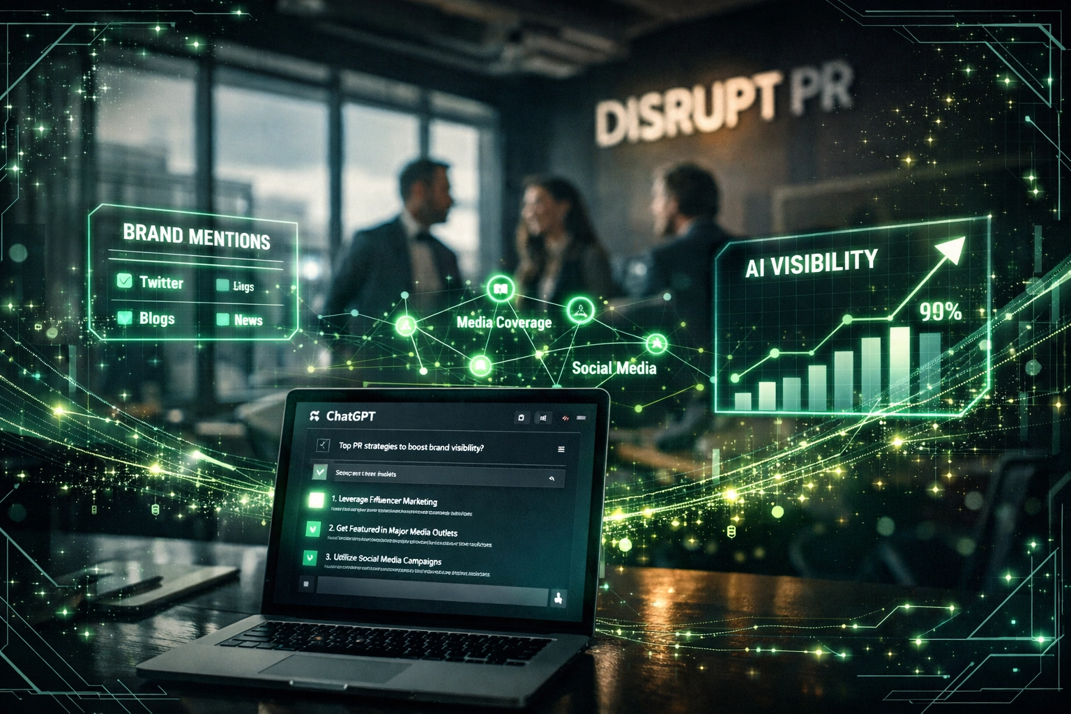 ChatGPT interface showing AI search results with earned media data visualization and brand mentions