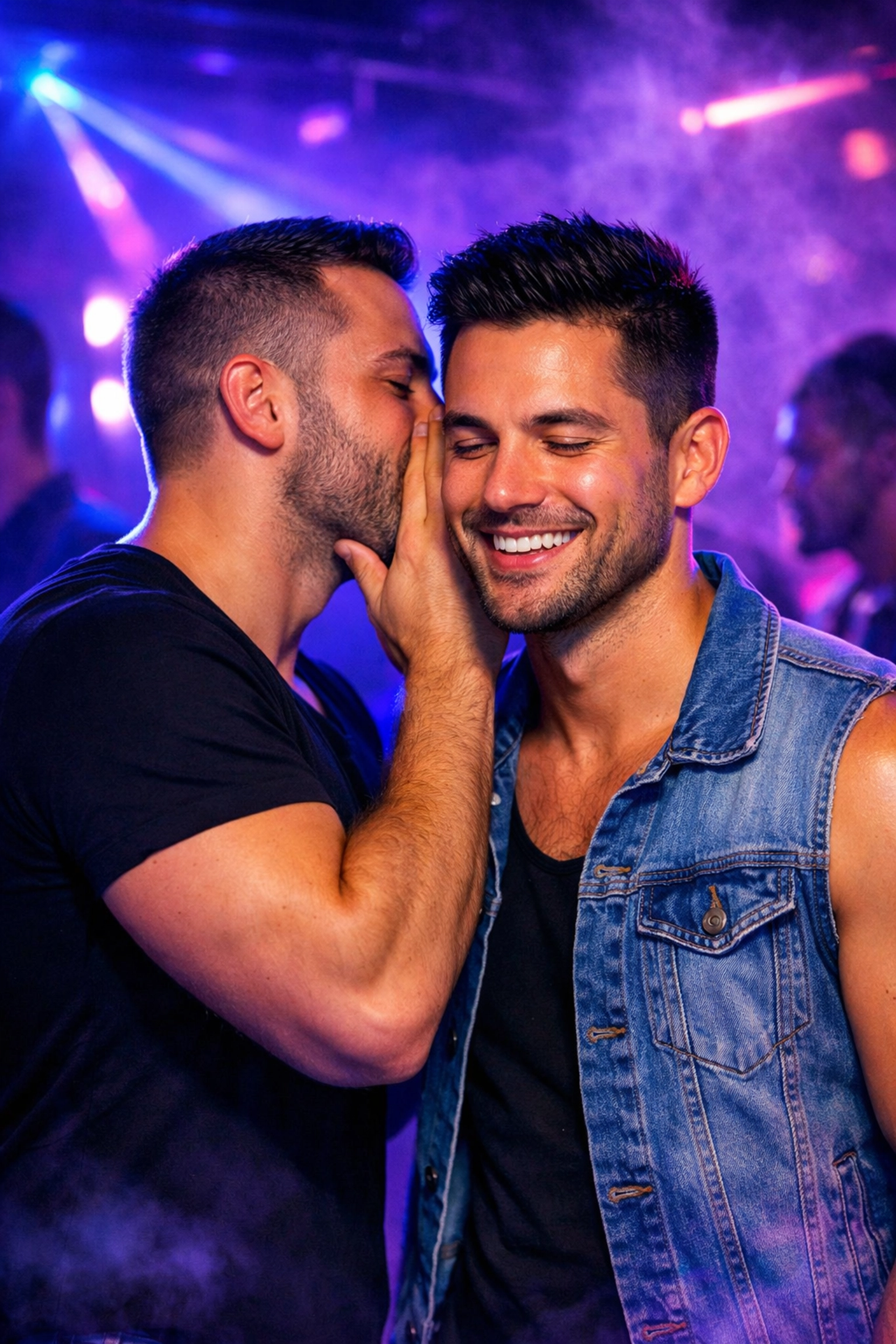 Two men in a neon-lit club whispering and practicing verbal consent during an intimate moment.