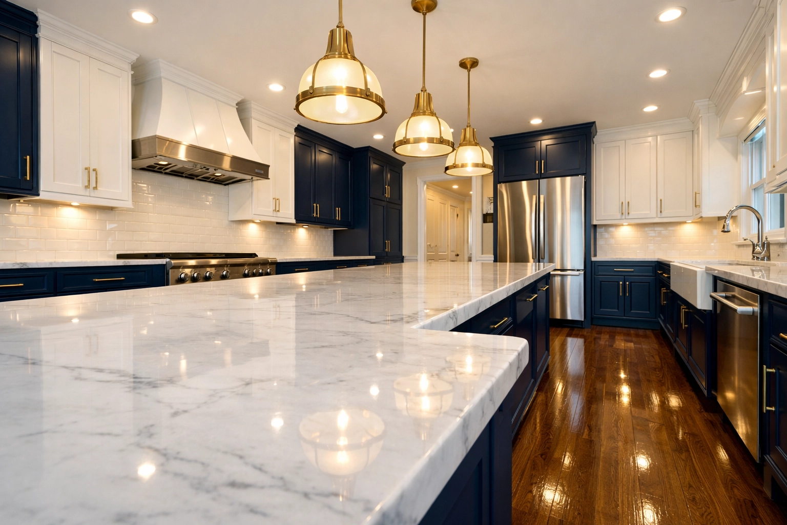 A spotless renovated kitchen in a luxury home after professional post construction cleaning in Carlisle.