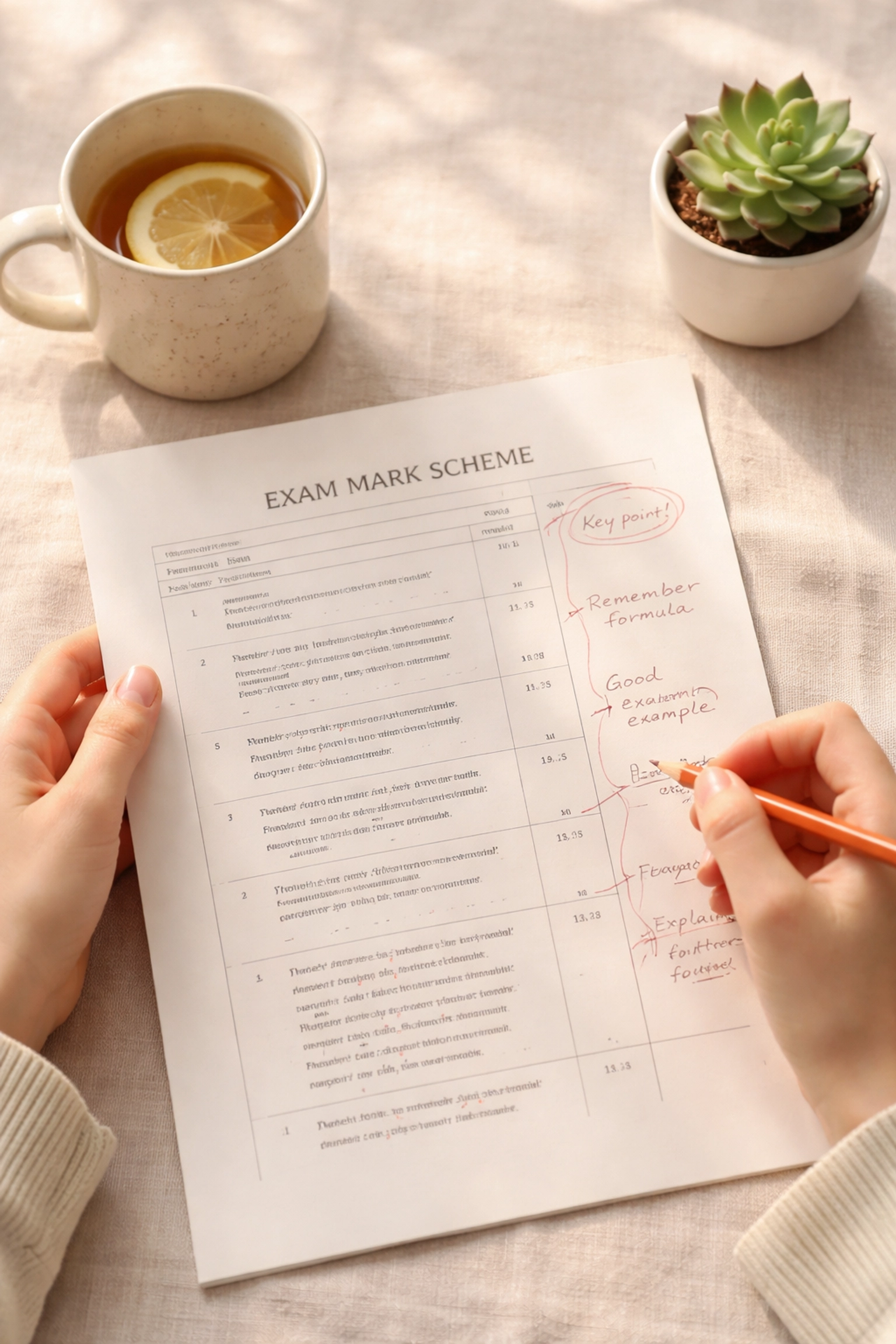 Student reviewing a printed chemistry exam mark scheme with annotations, showing importance of learning examiner's language