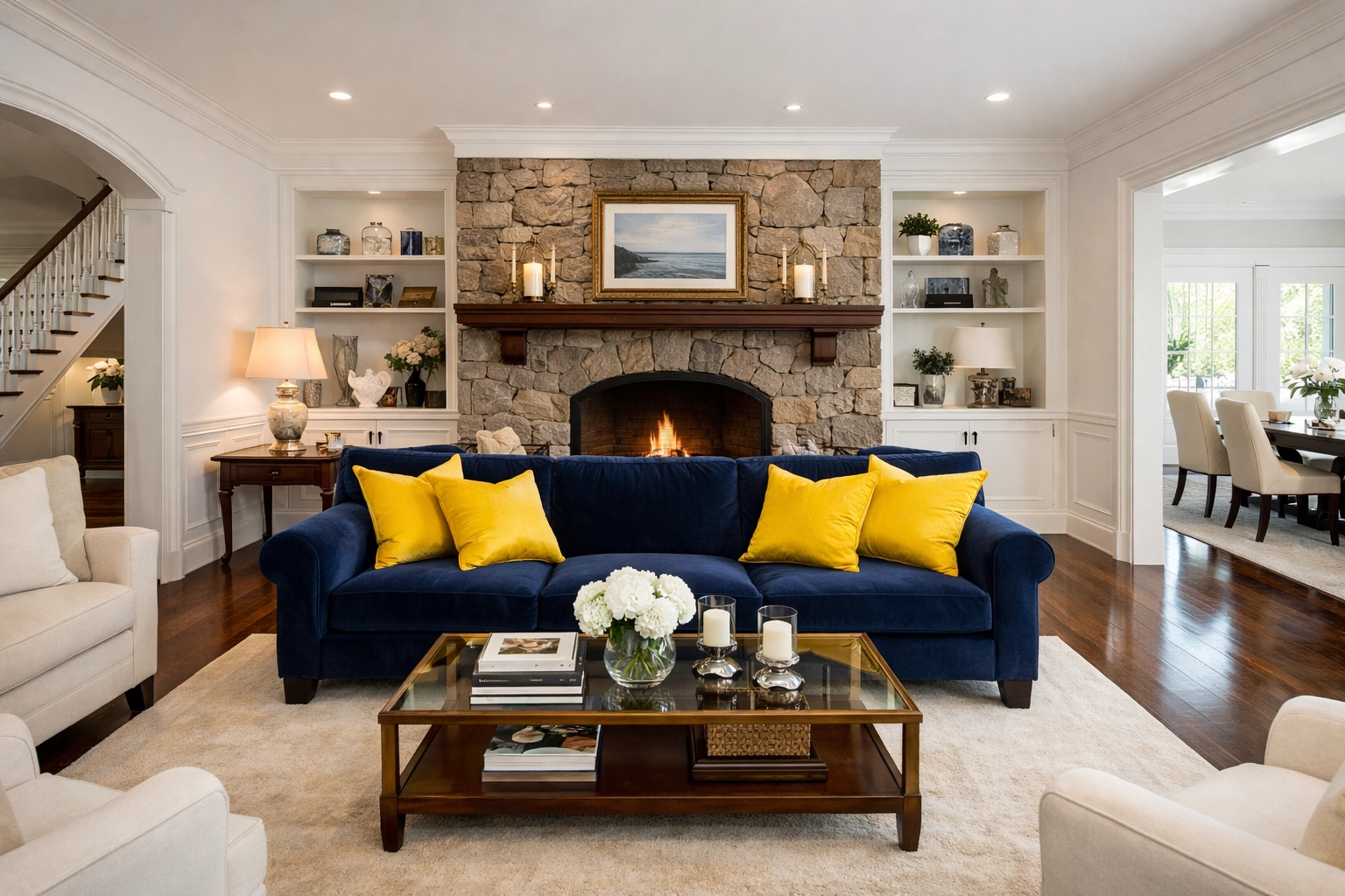 Spotless luxury living room with polished hardwood floors from professional bi-weekly house cleaning services.