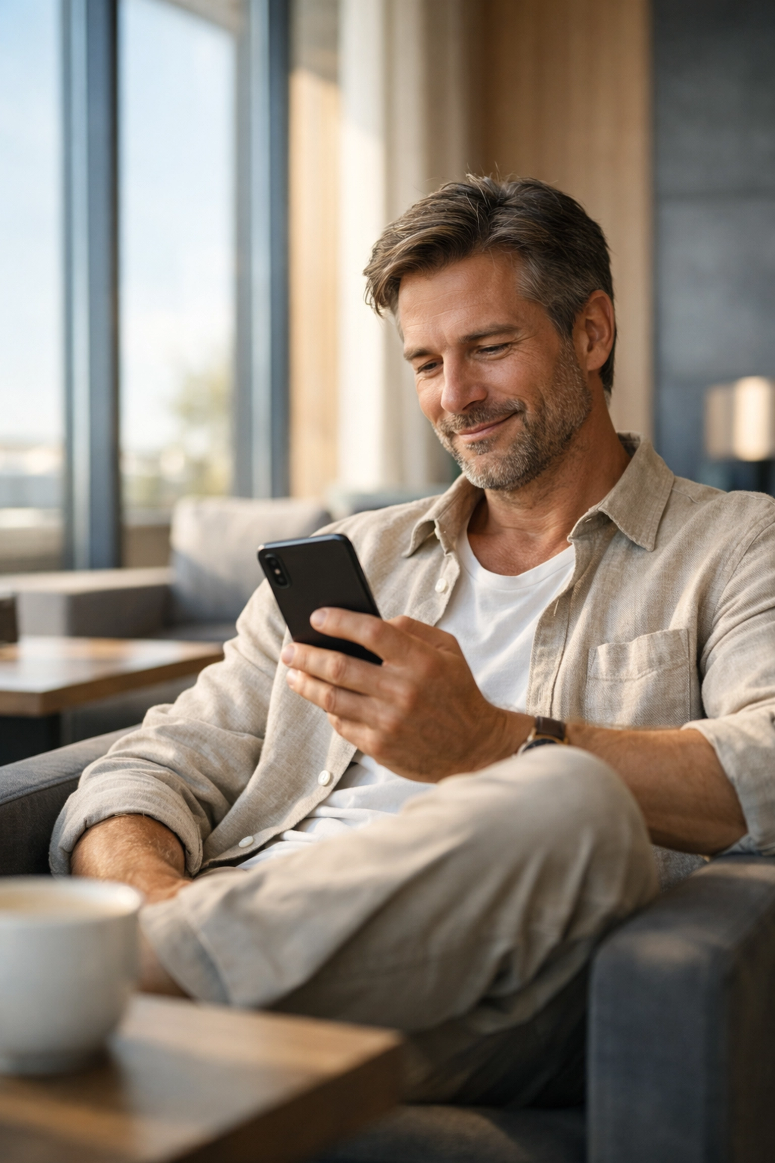 A hotel guest uses AI in hospitality on their smartphone to enjoy a seamless lounge experience.