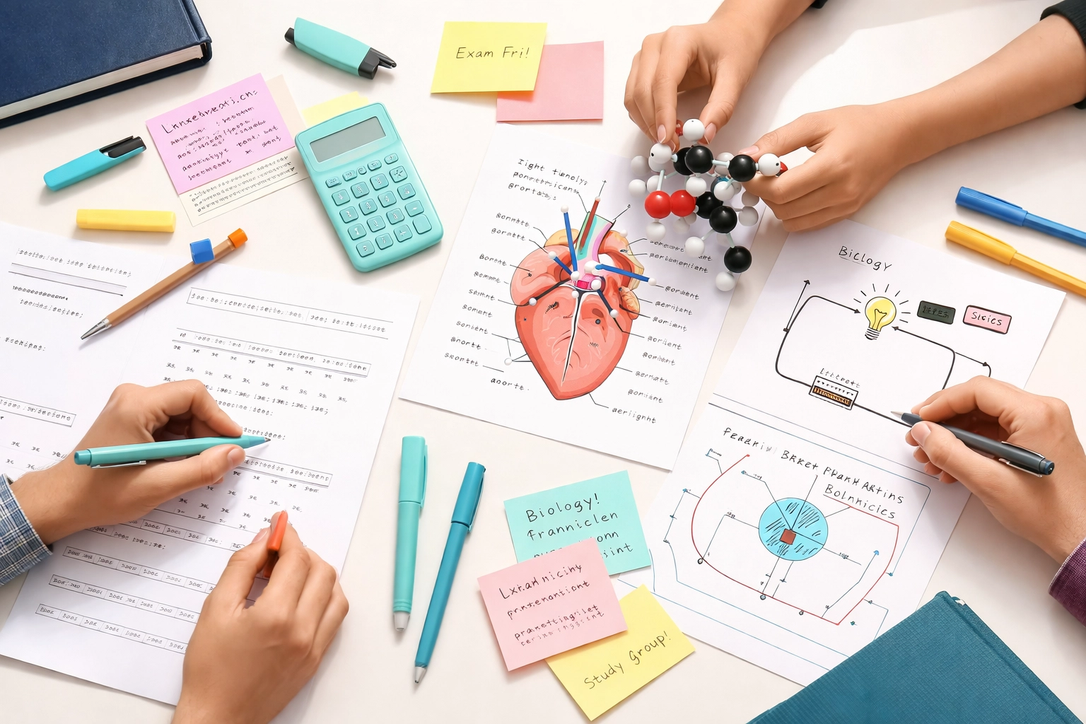 Students working together on GCSE science revision with models, diagrams, and colourful study materials in South London