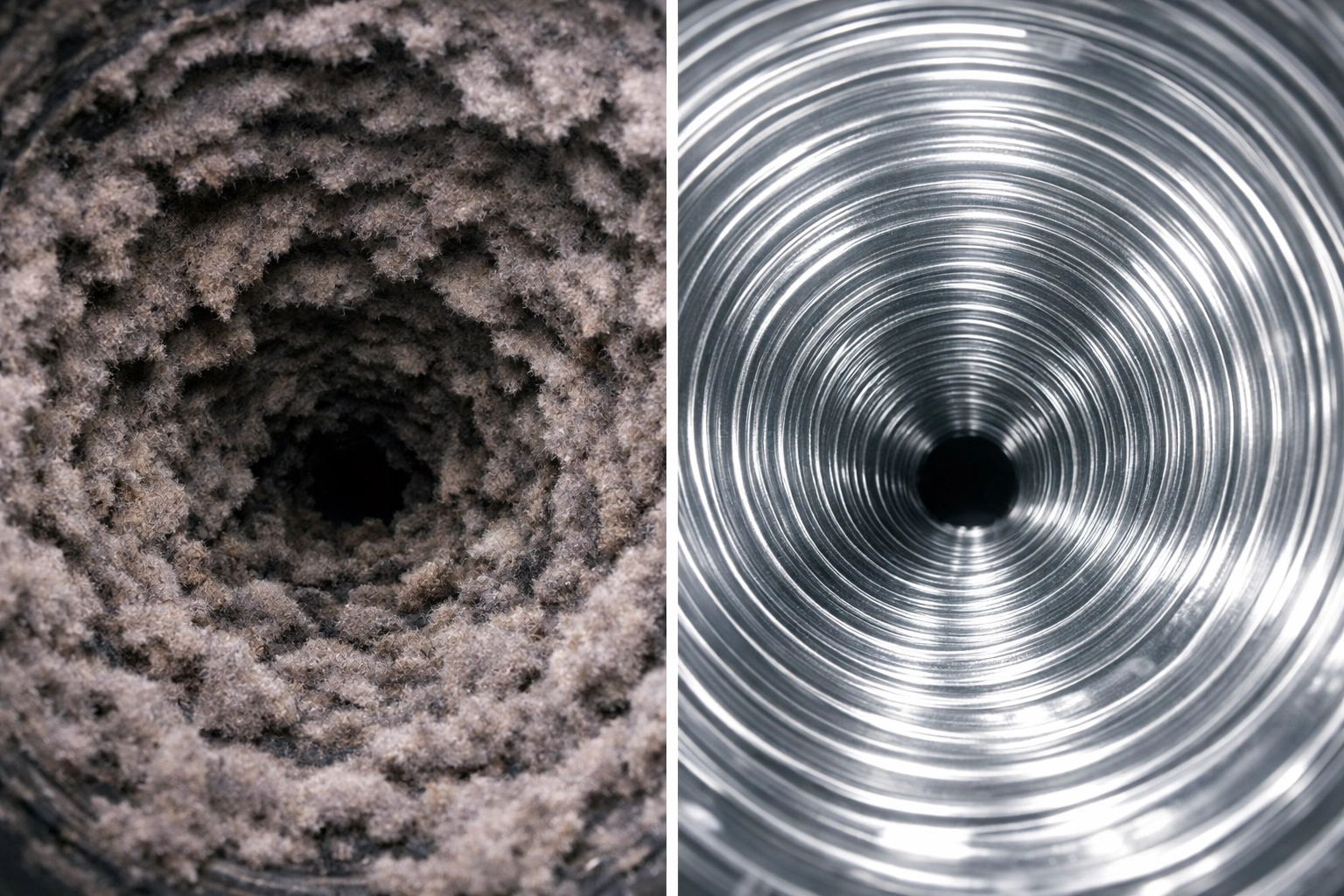 Before and after professional dryer vent cleaning showing heavy lint buildup versus a clean, safe metallic duct.