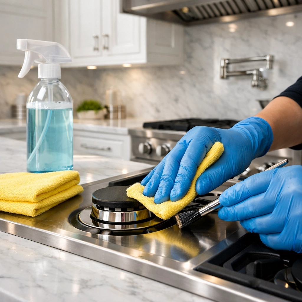A professional cleaner using eco-friendly products for a deep clean during a Boston apartment turnover.