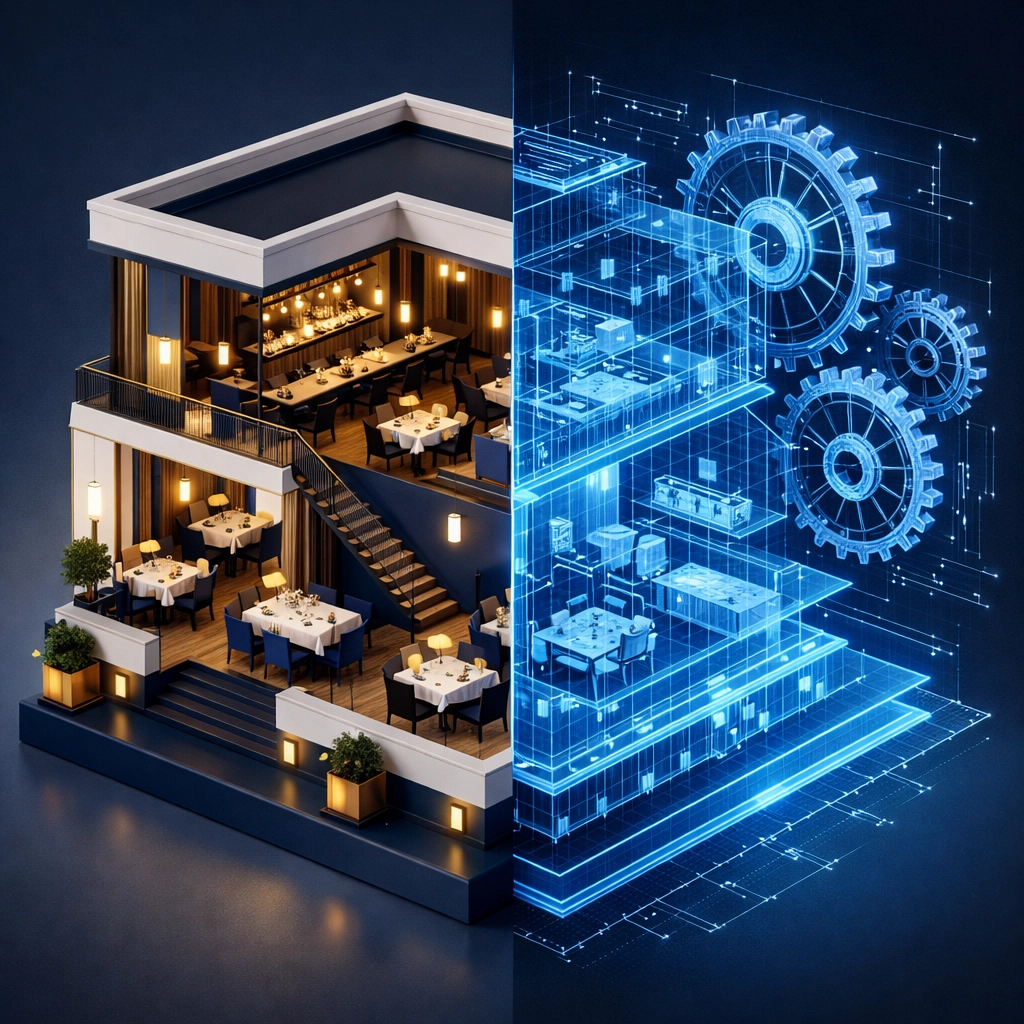 A modern restaurant design merging with a technical blueprint for scaling for private equity exit.