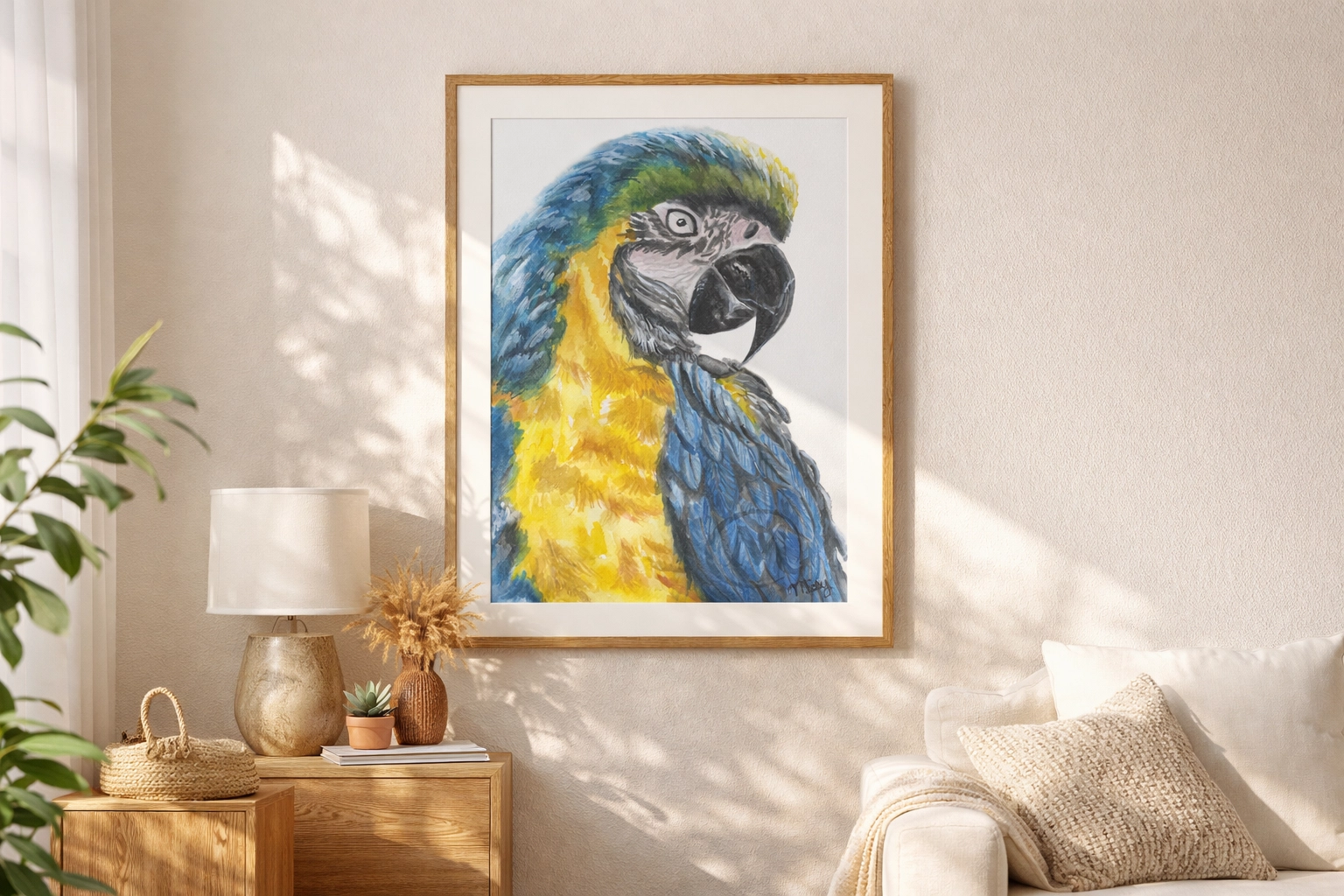 Marcelo the Parrot in a vibrant sunlit room mockup by Missy