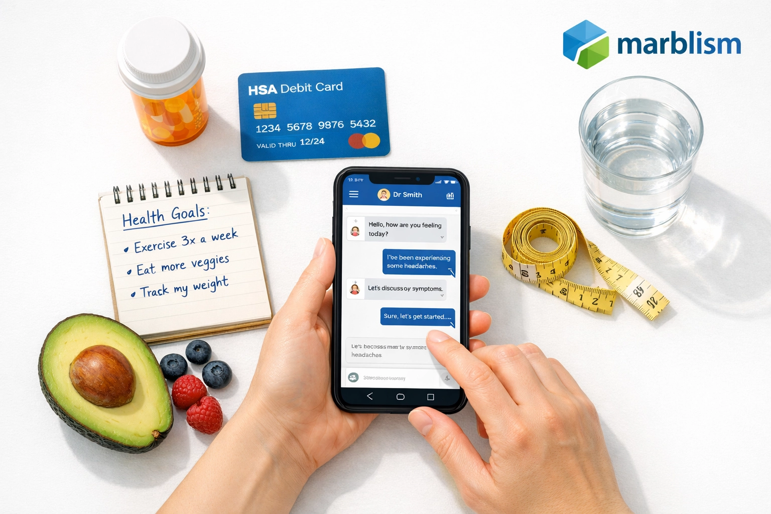 Person using telehealth app with HSA card, prescription medication, and healthy food for weight loss