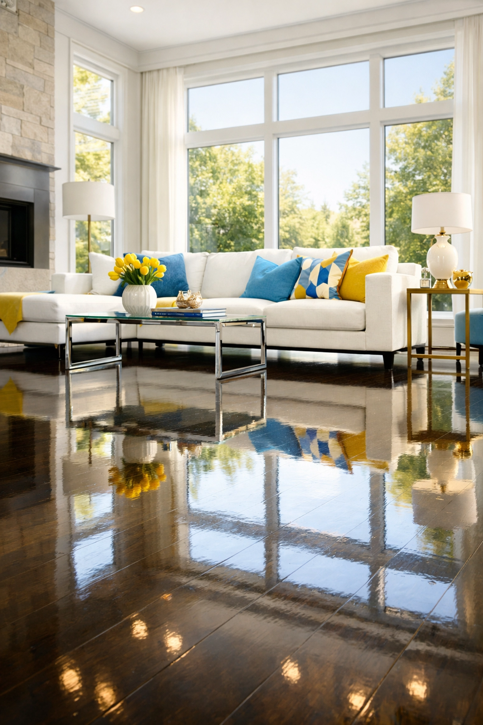 Sun-lit Dover living room with polished floors reflecting high-end residential cleaning Massachusetts standards.