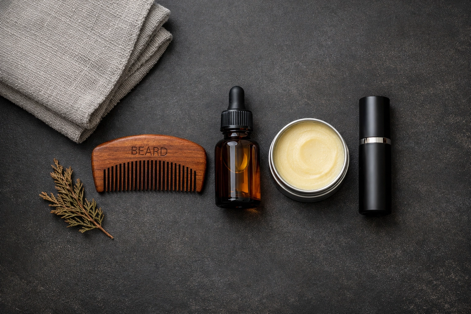 Essential beard grooming kit with oil, butter, and fragrance for a complete care routine.