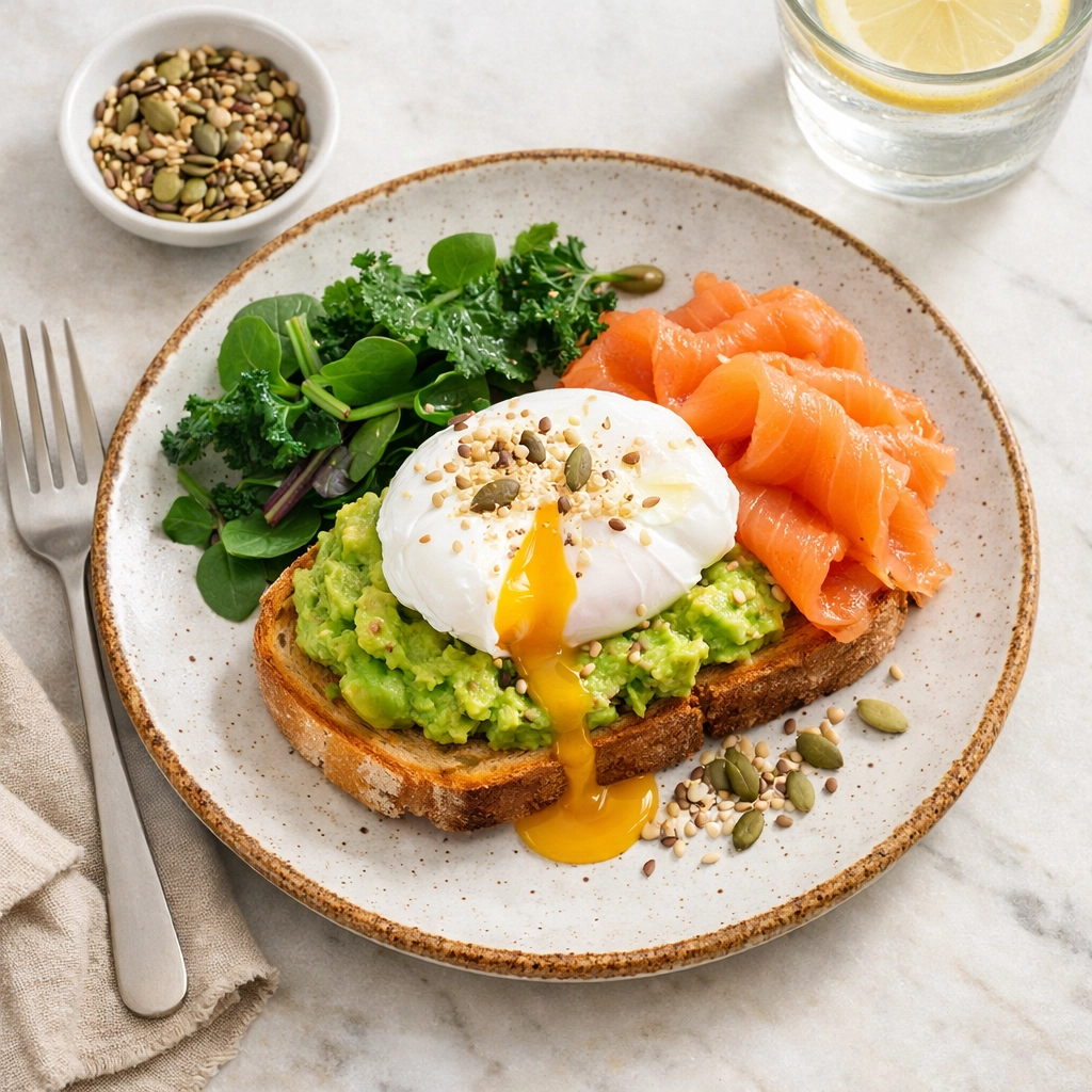 Hormone-balancing meal with avocado and salmon to stabilize blood sugar and prevent waking up at 3am perimenopause. Hormone-balancing meal with avocado and salmon to stabilize blood sugar and prevent waking up at 3am perimenopause.