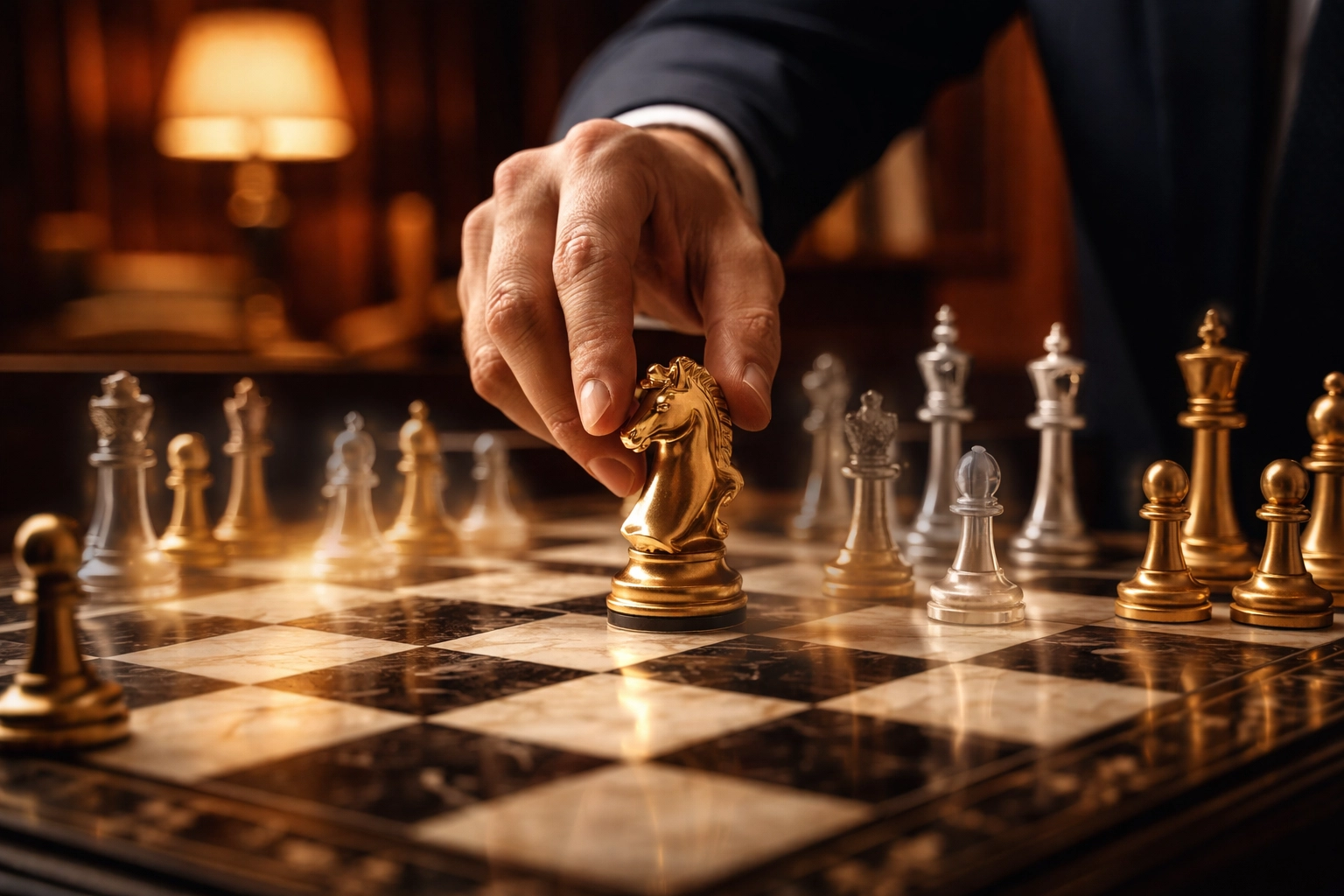 Close-up of a chess player moving a golden knight, symbolizing strategic portfolio management and decision-making in asset allocation.