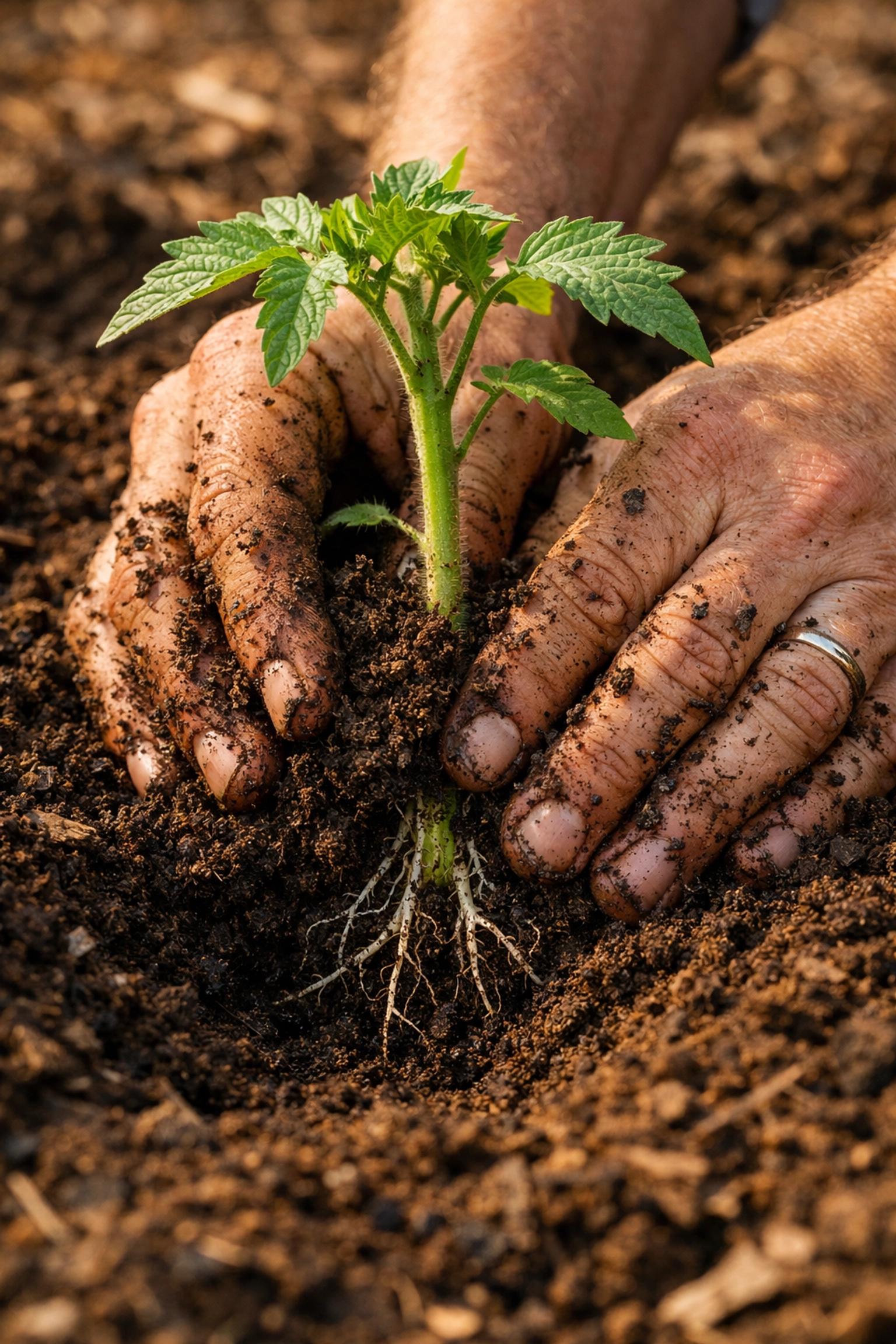 Hands planting tomato seedling deep into composted garden soil