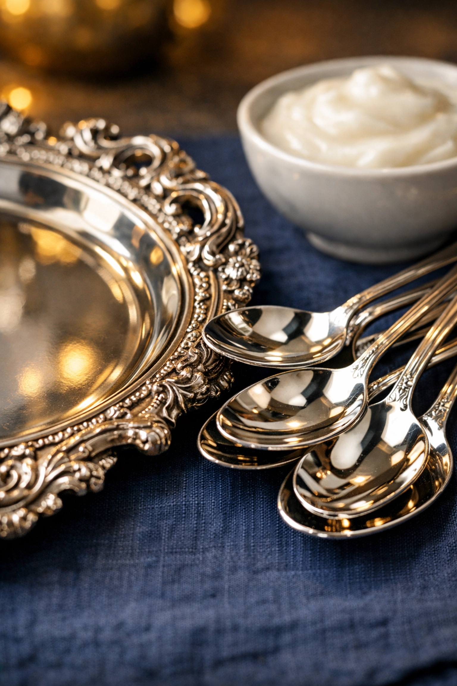 Polished silver tray and spoons shining next to a natural cornstarch cleaning paste.