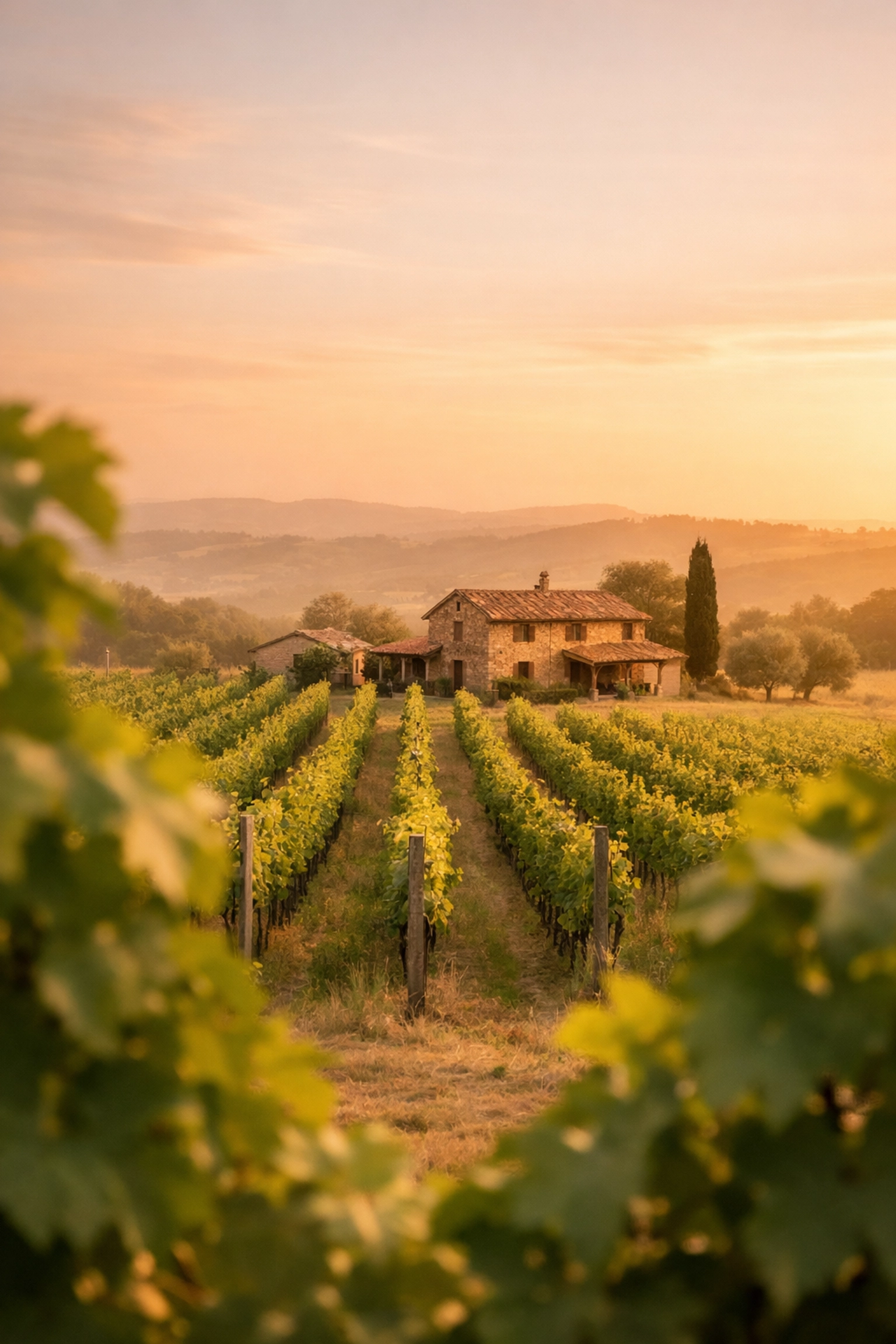 Scenic boutique vineyard and stone farmhouse at golden hour, showcasing artisanal wine regions.