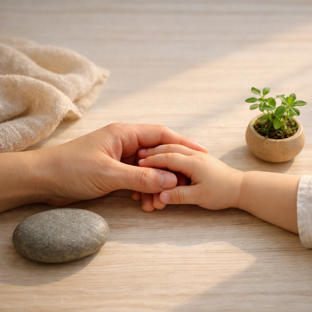 Parent and child hands connecting surrounded by calming sensory tools and natural objects